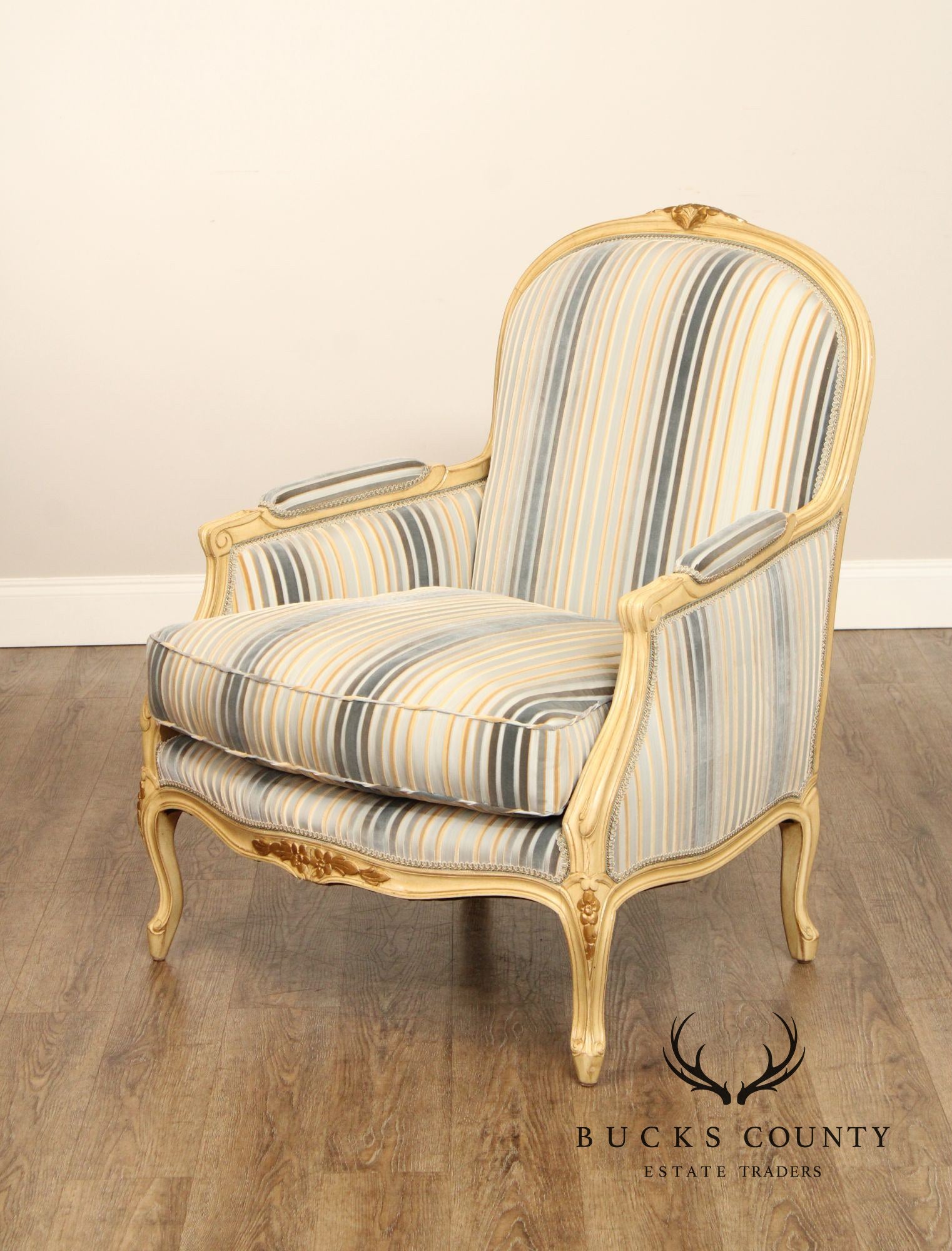 French Louis XV Style Pair of Cream Painted Custom Bergere Armchairs