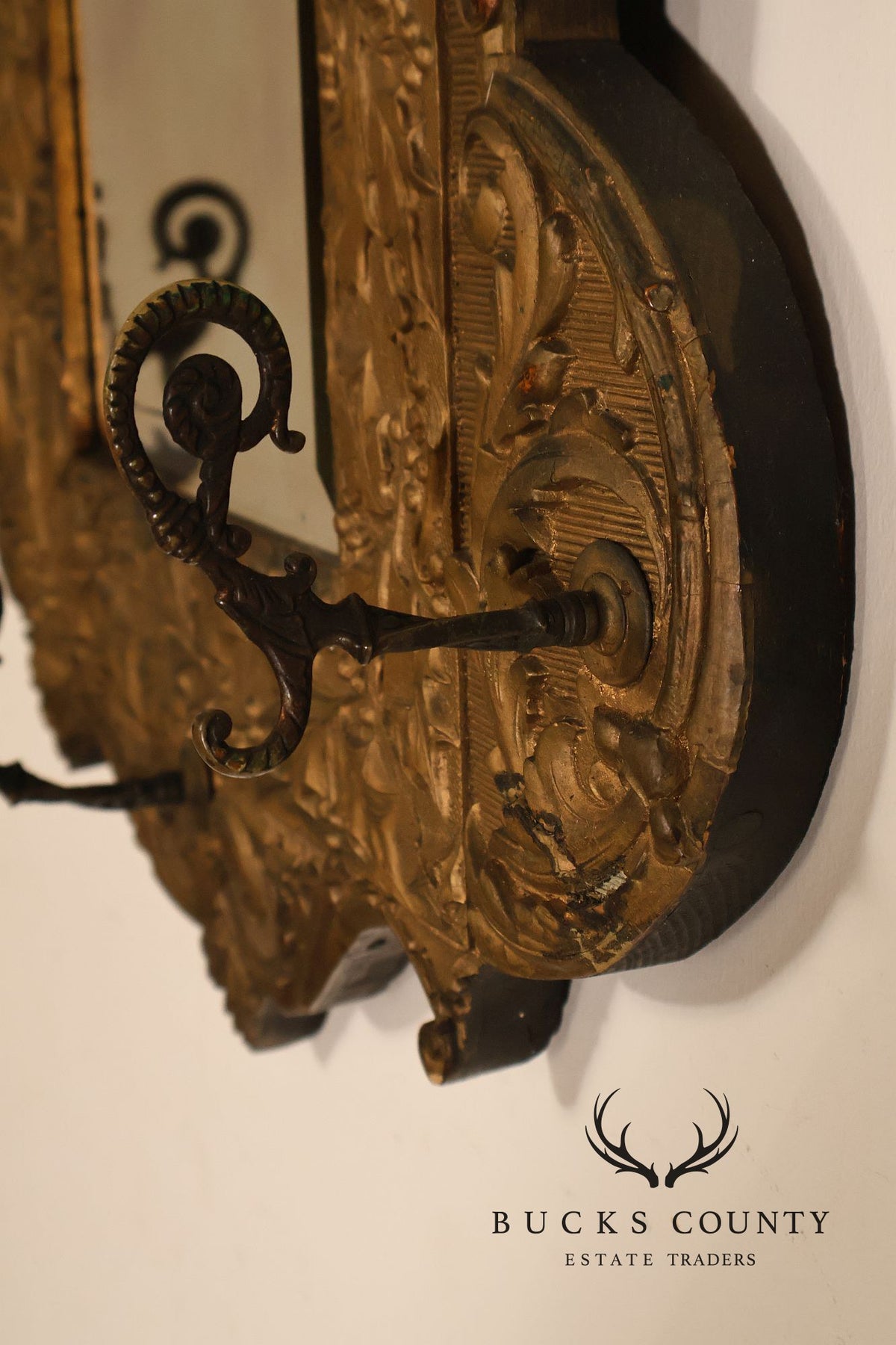 Antique Carved Gilt Wood Wall Mirror With Wrought Iron Hooks