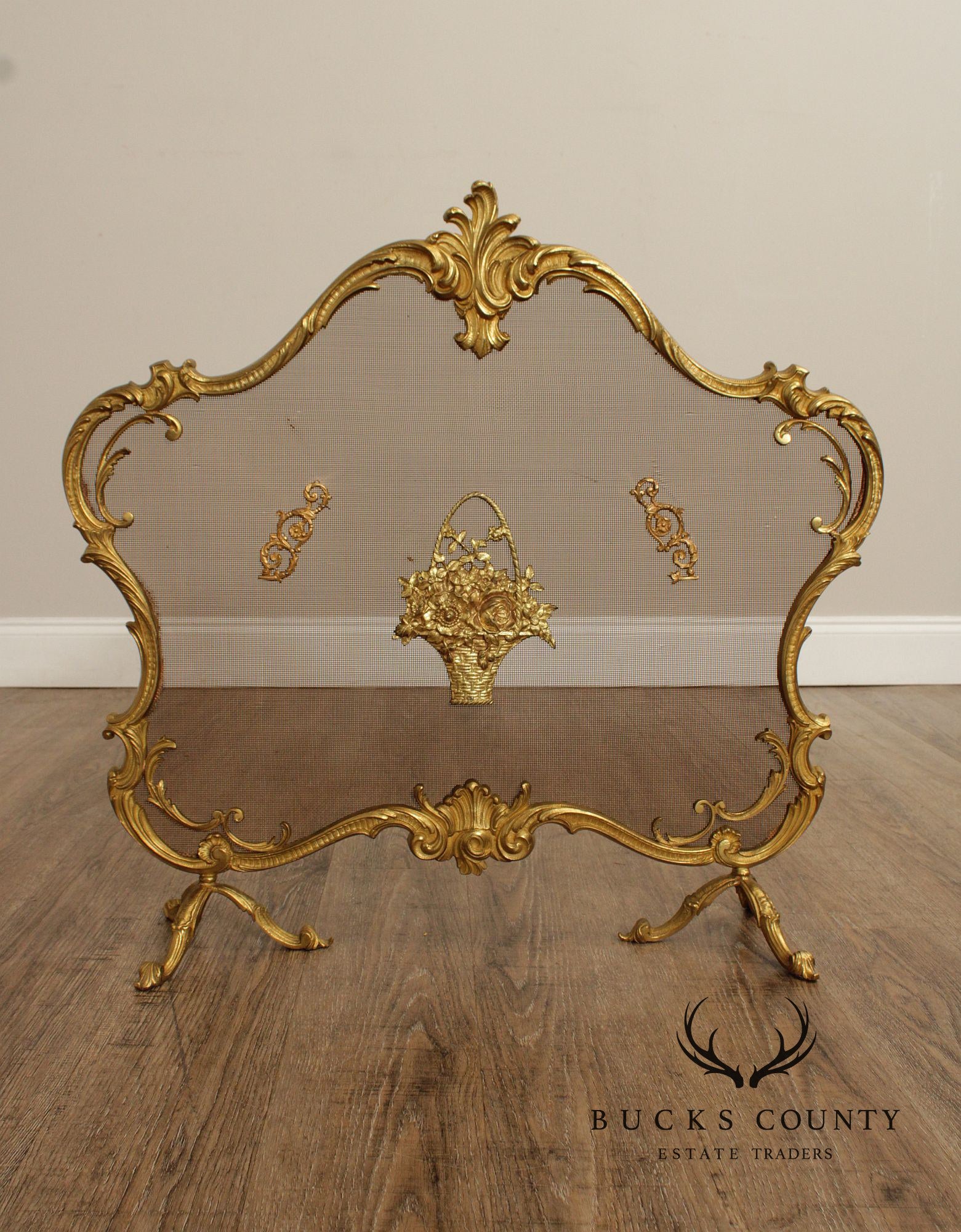 French Louis XV Style Brass Fireplace Set