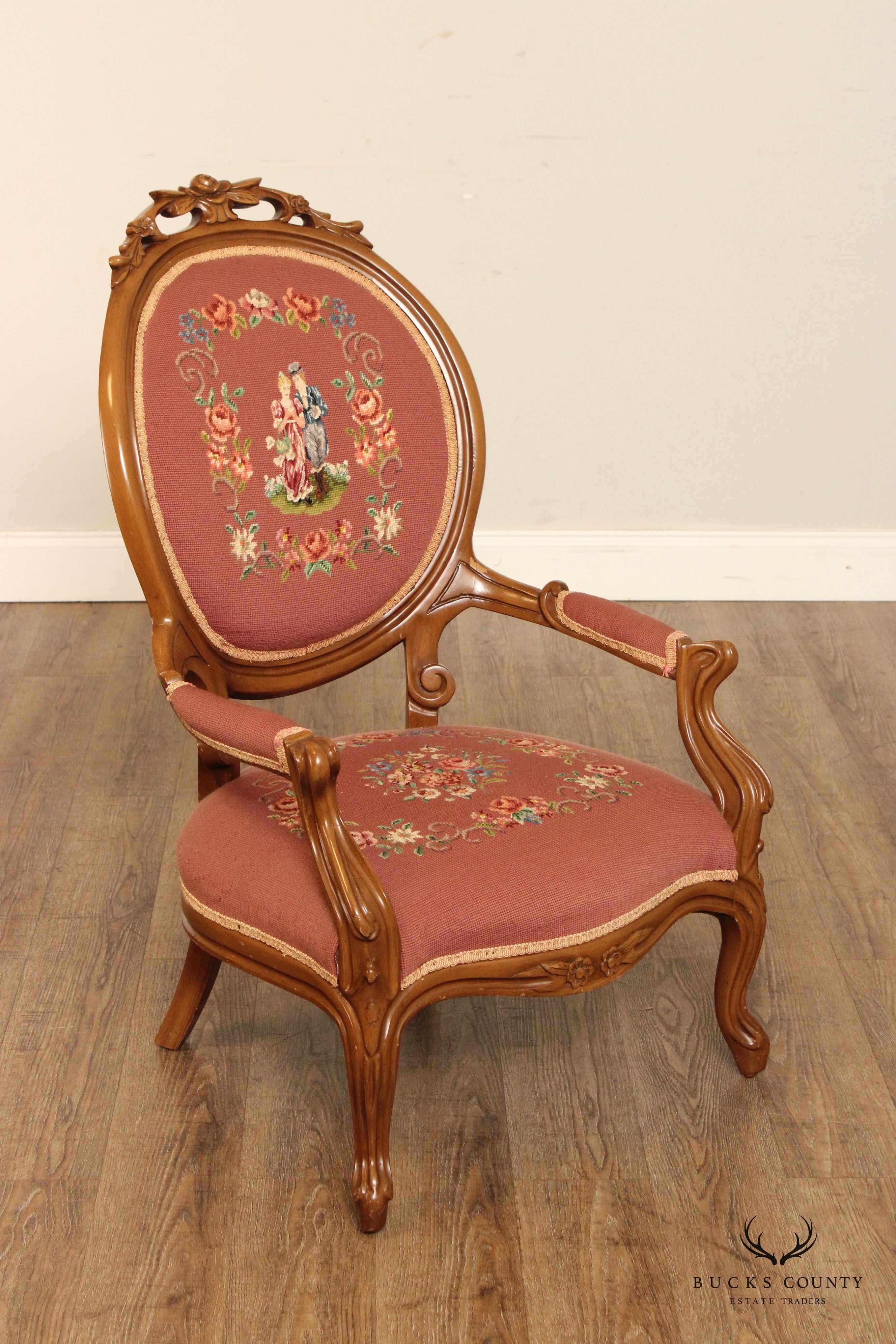 Victorian Pair of Needlepoint Upholstered Parlor Armchairs