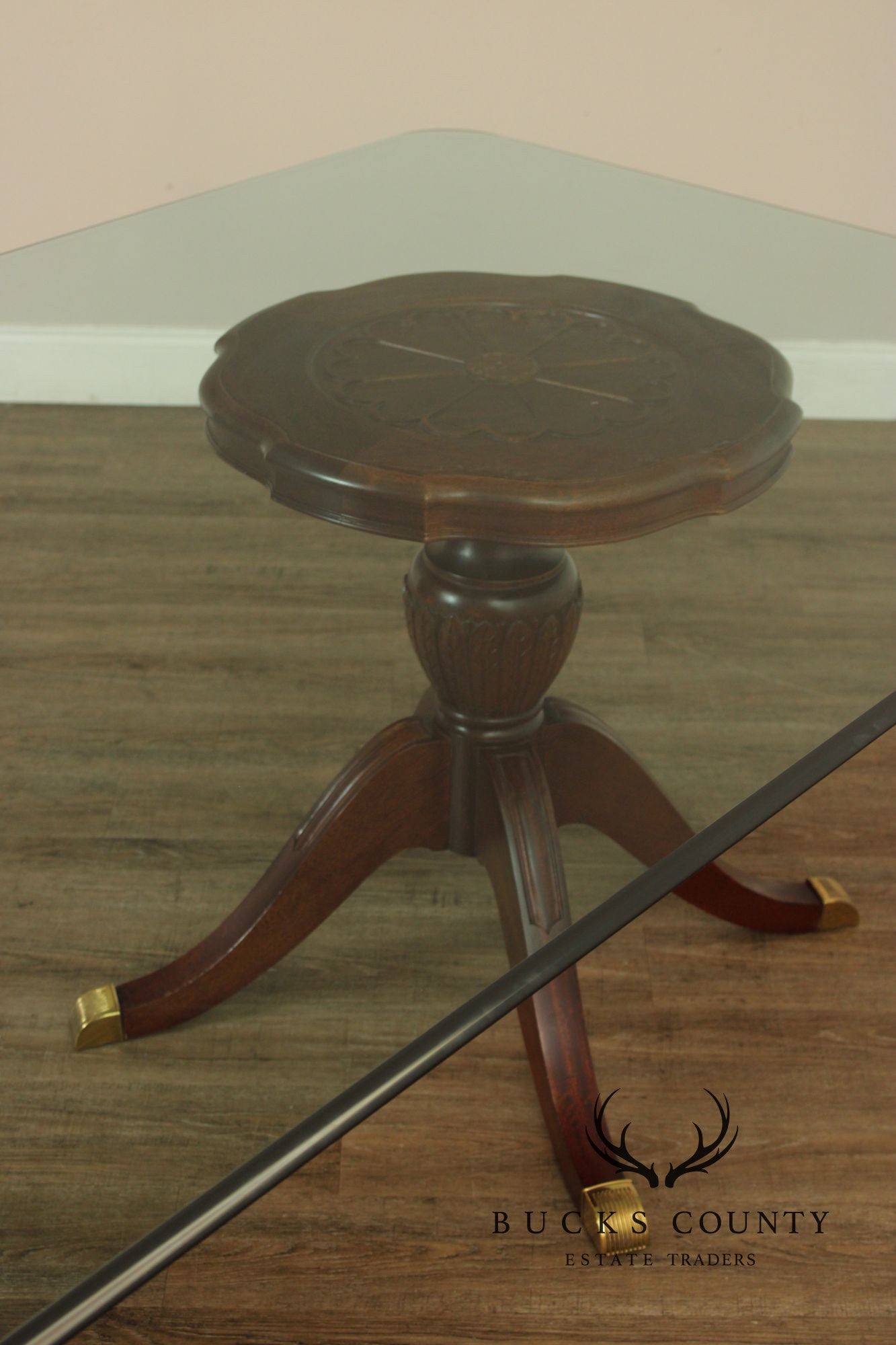 Georgian Style Mahogany Double Pedestal Glass Top Dining Table