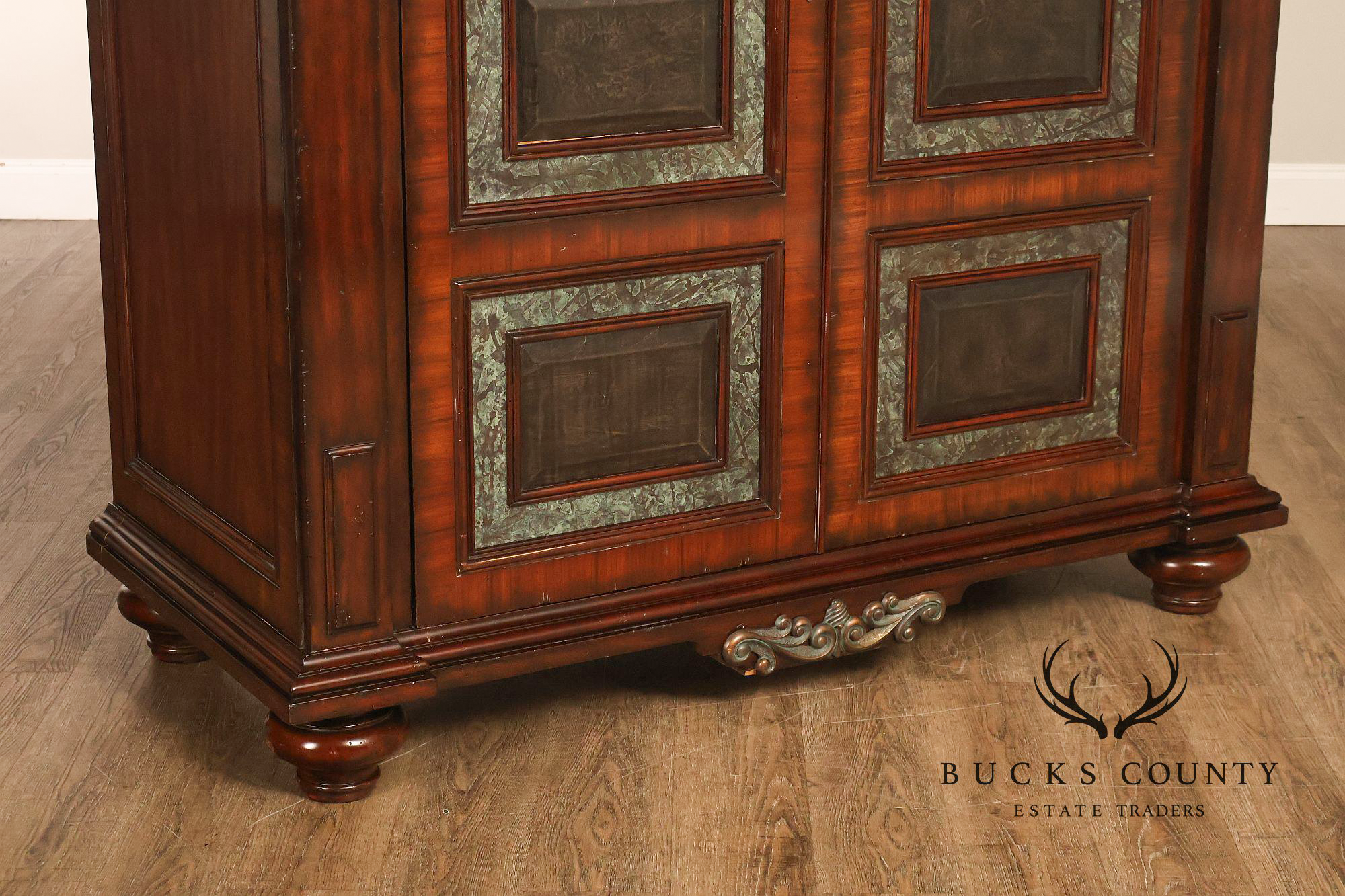 Maitland-Smith Large Mahogany Armoire Cabinet With Bronze Scrollwork Finials And Raised Panel Doors