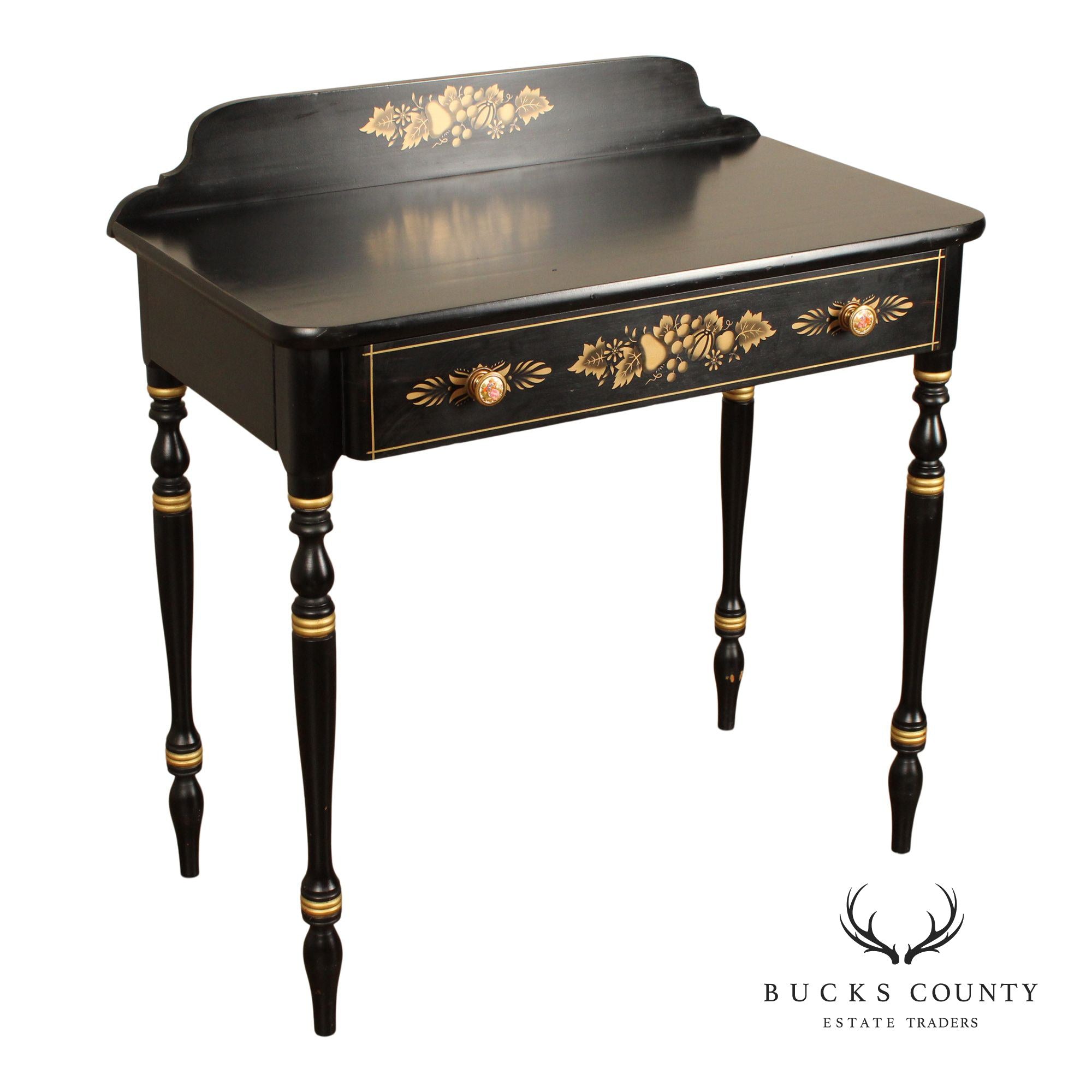 Hitchcock Style Ebonized and Stenciled One-Drawer Vanity or Writing Desk by Very Best