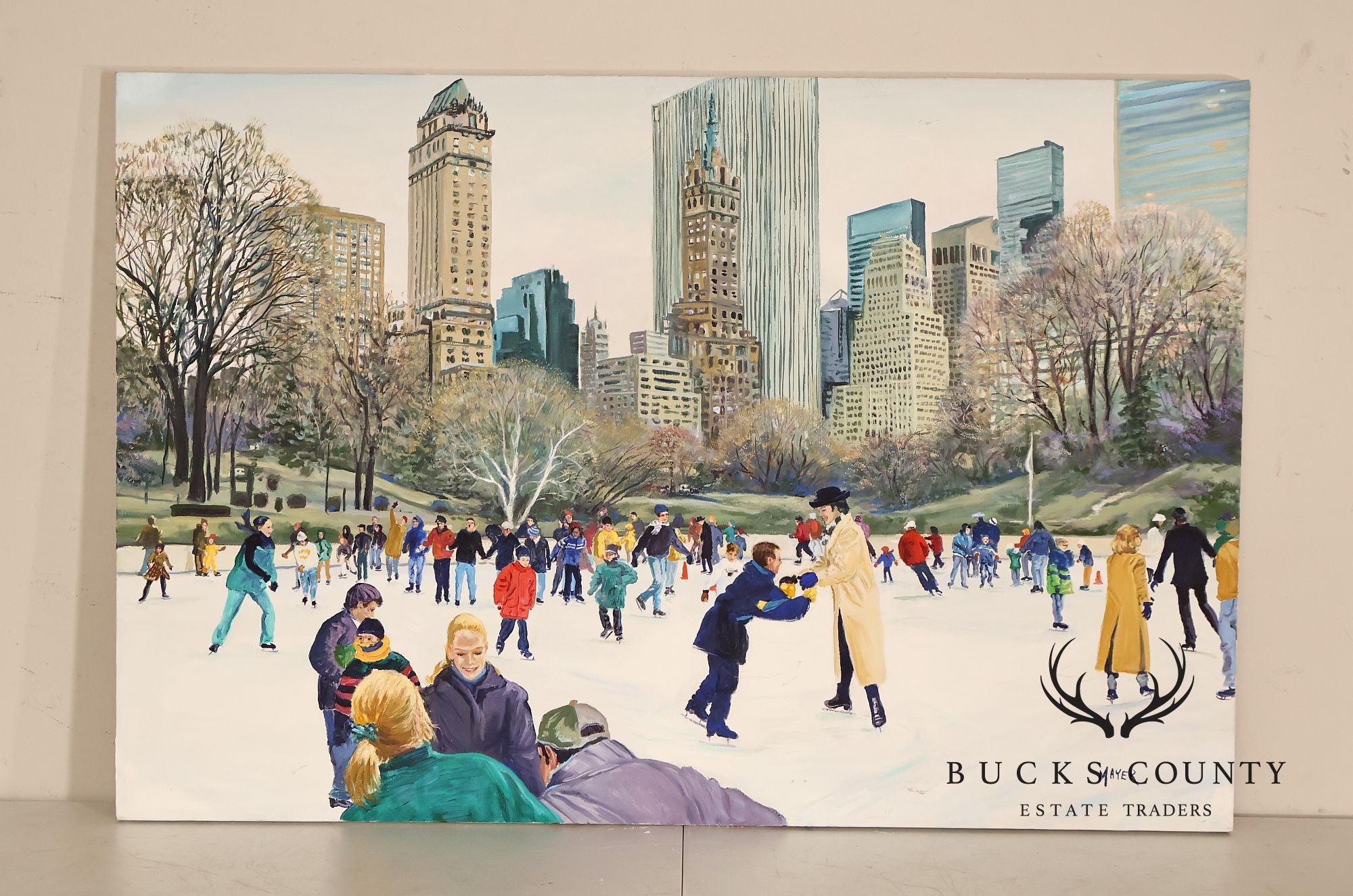 Ruth Mayer Central Park Ice Skating Landscape Original Oil Painting On Canvas