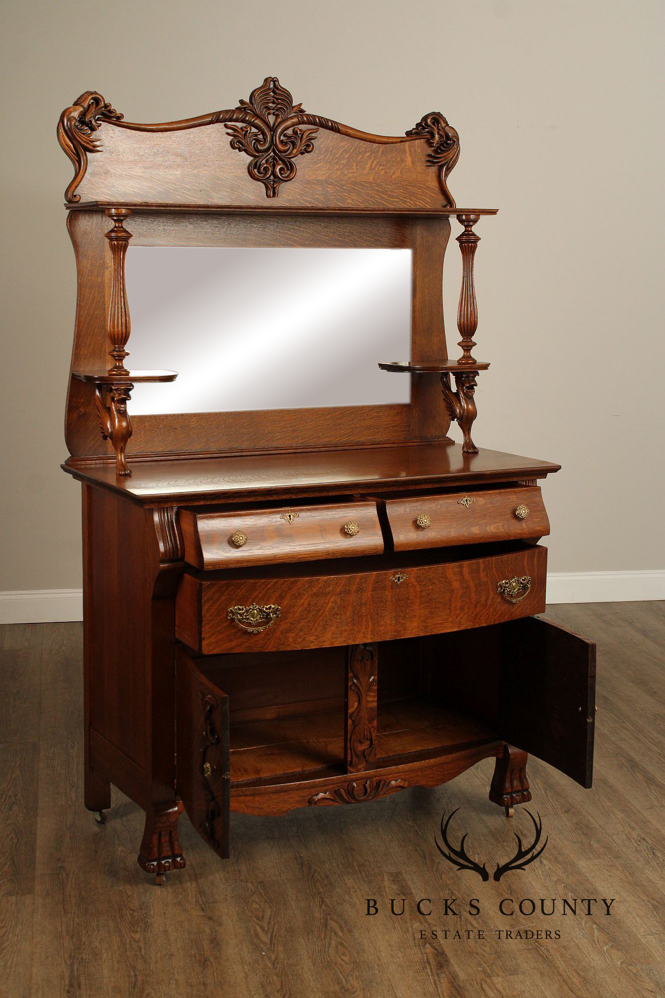 Antique Victorian Renaissance Revival Mirrored Oak Sideboard