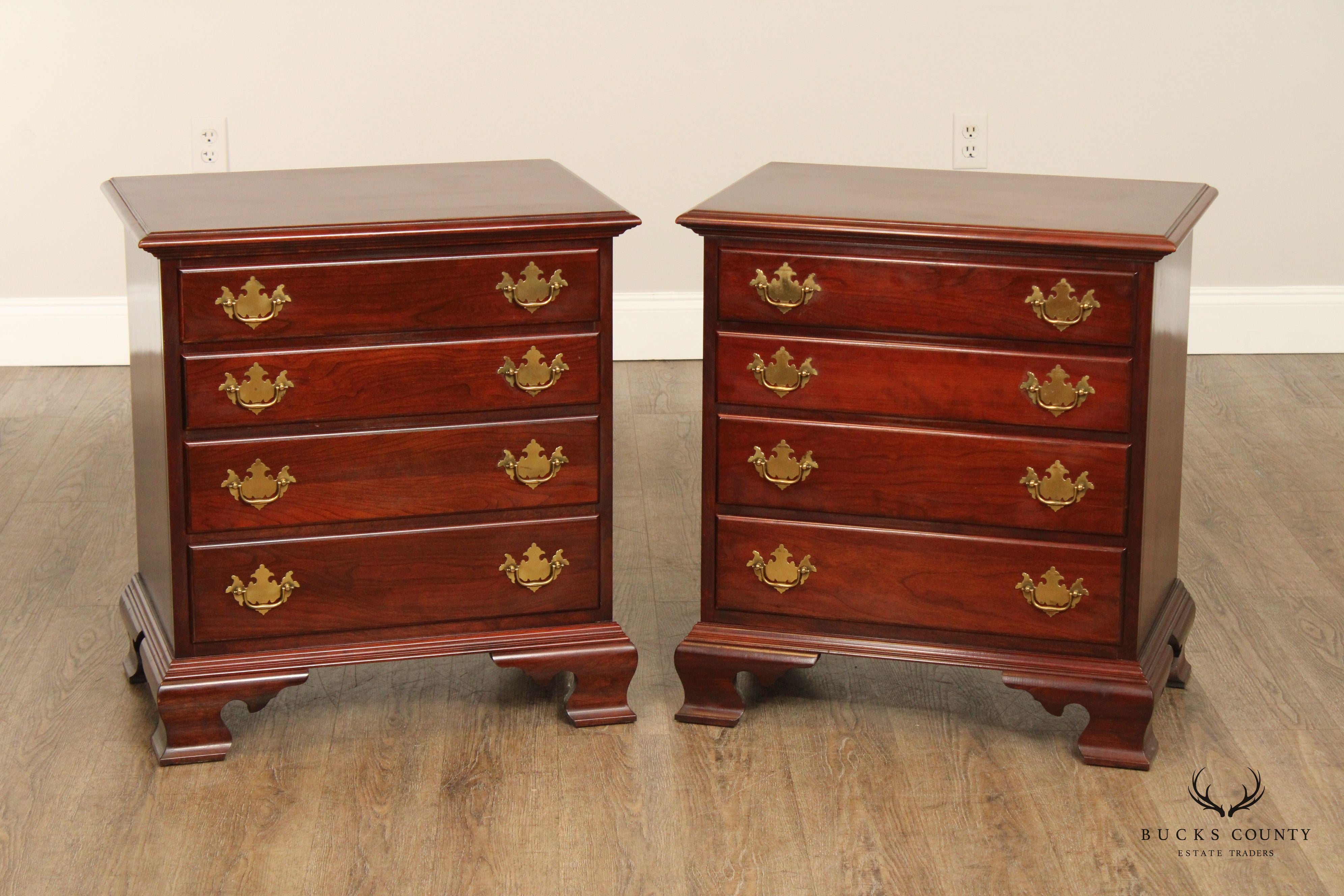 Nathan Hale Chippendale Style Pair of Cherry Four Drawer Chest Nightstands