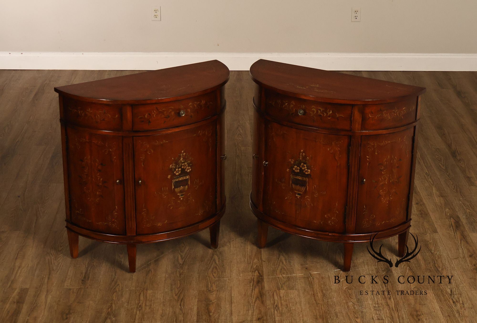 Ethan Allen Adam Style Pair of Painted Demilune Chests