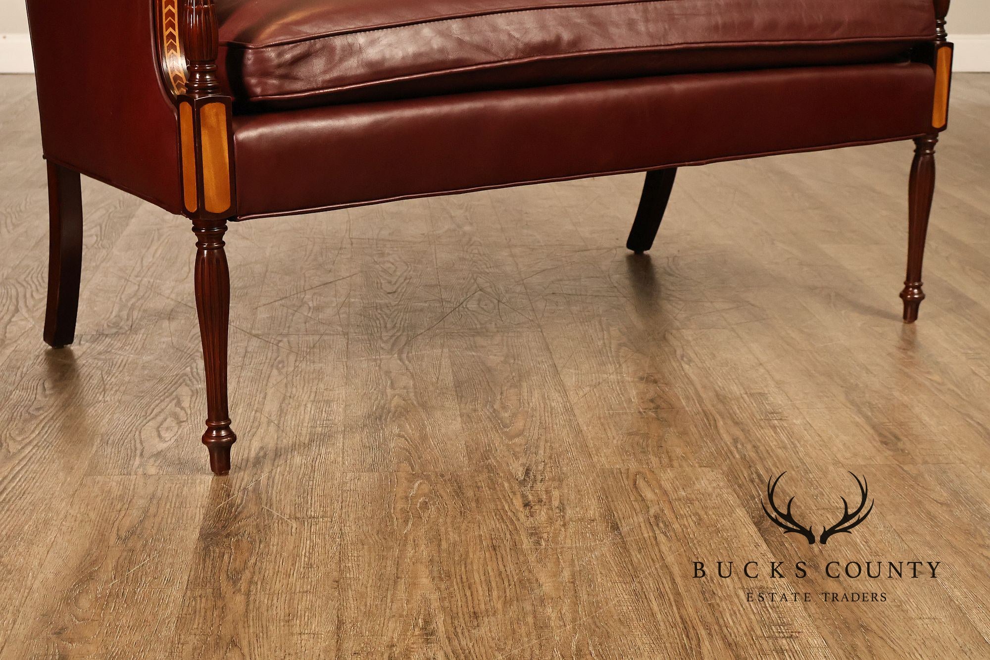 Hancock & Moore Sheraton Style Inlaid Mahogany Leather Settee
