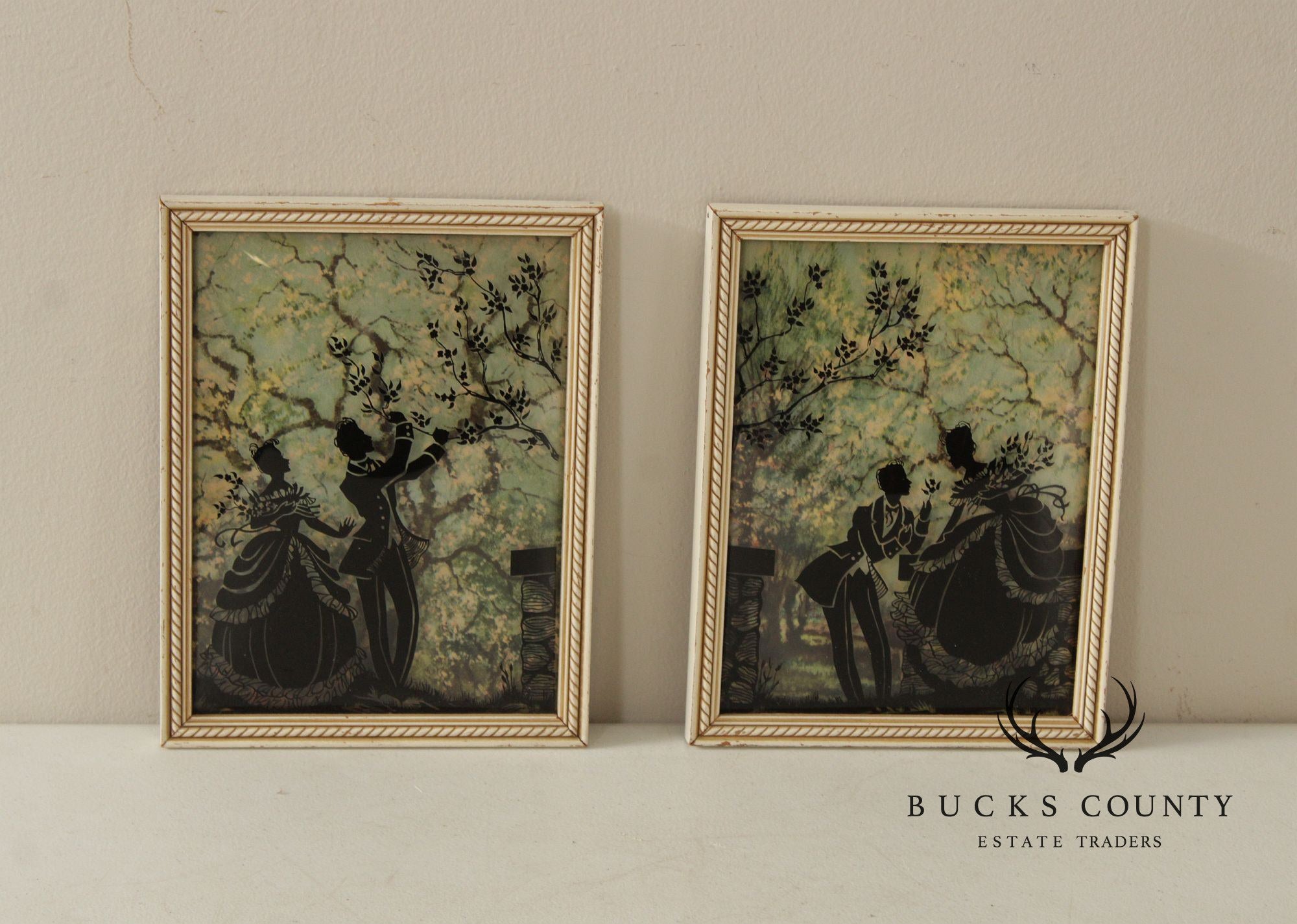 Vintage Pair of Reverse Painted Courtship Silhouettes