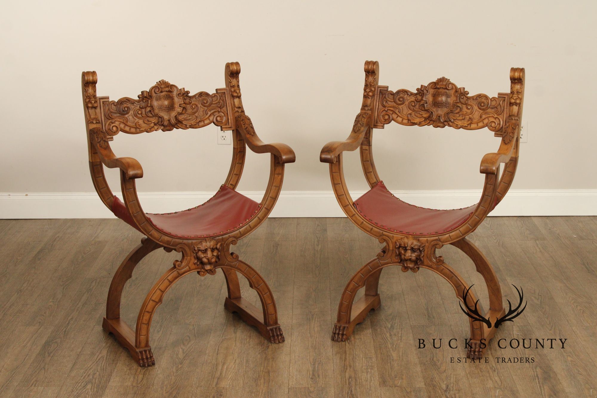 Antique Renaissance Revival Pair of Carved Walnut Savanarola Chairs