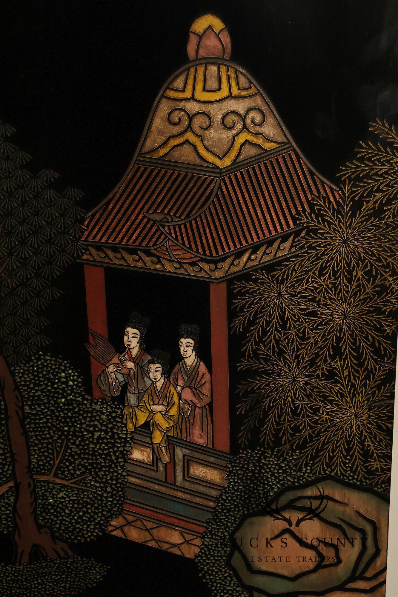 Asian Style Black Vintage Lacquer Six Panel Folding Screen