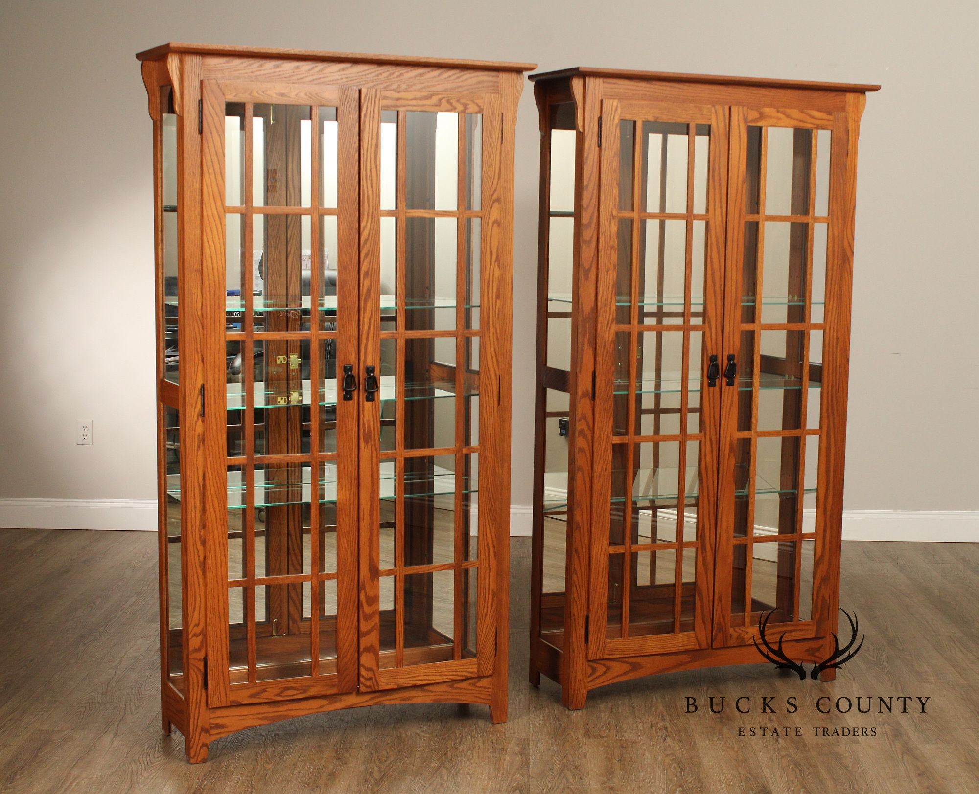 Mission Style Pair of Glass Door Oak Display Curio Cabinets