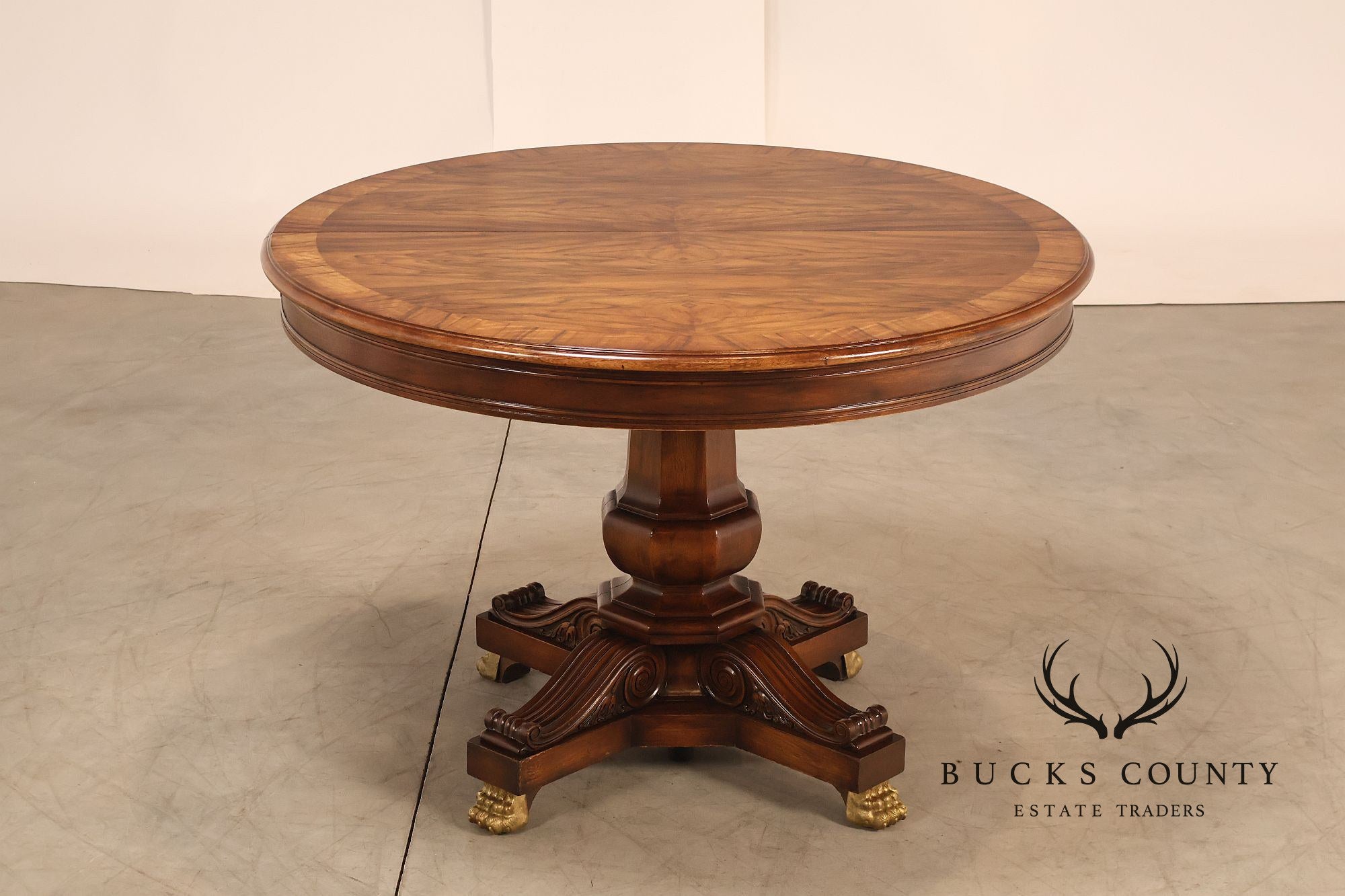 Karges Walnut Round Extendable Dining Table With Three Leaves