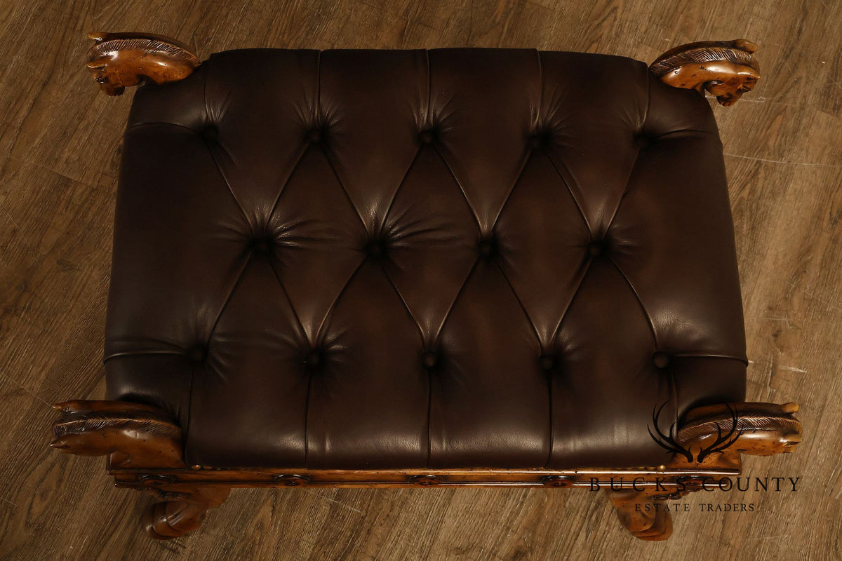 Theodore Alexander Regency Style Carved Horse Head Leather Bench