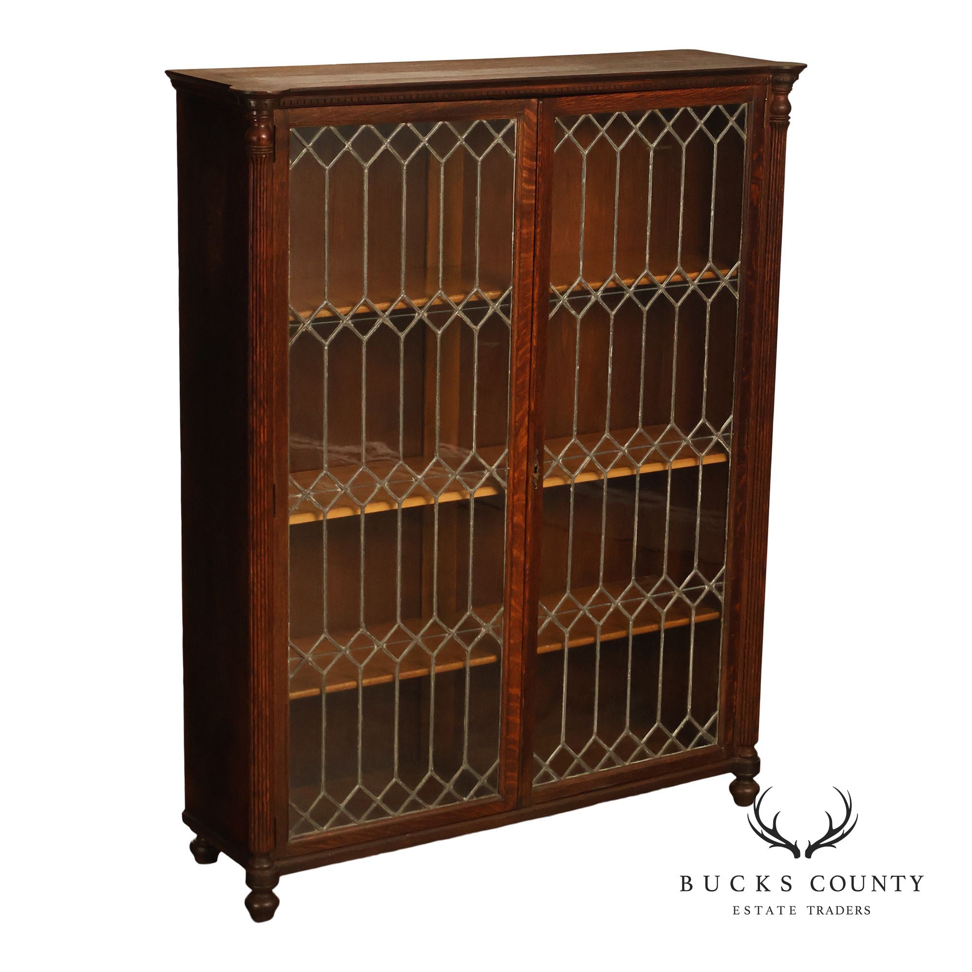 Arts and Crafts Antique Oak and Leaded Glass Bookcase