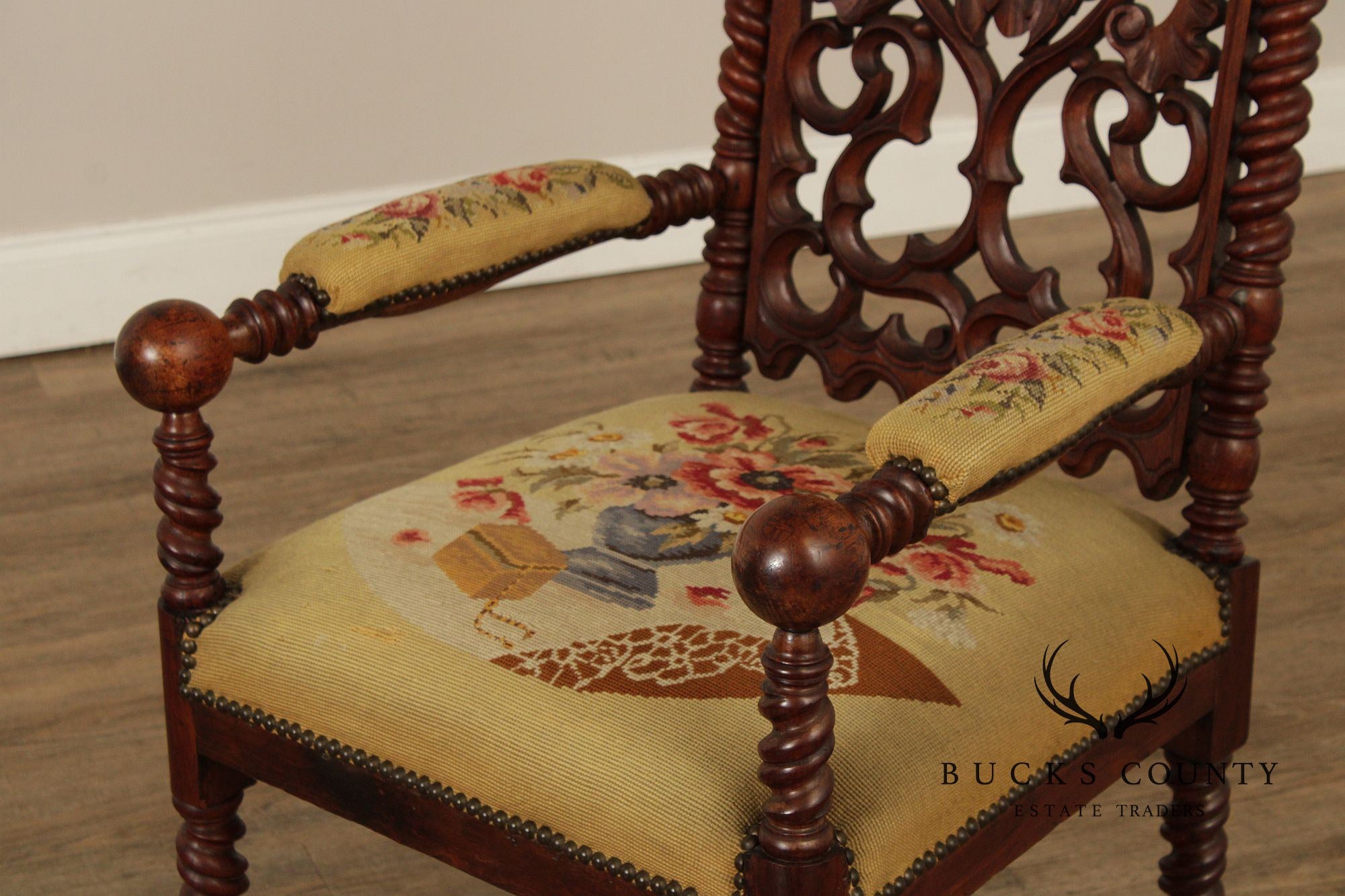Antique American Gothic Revival Carved Walnut Throne Chair
