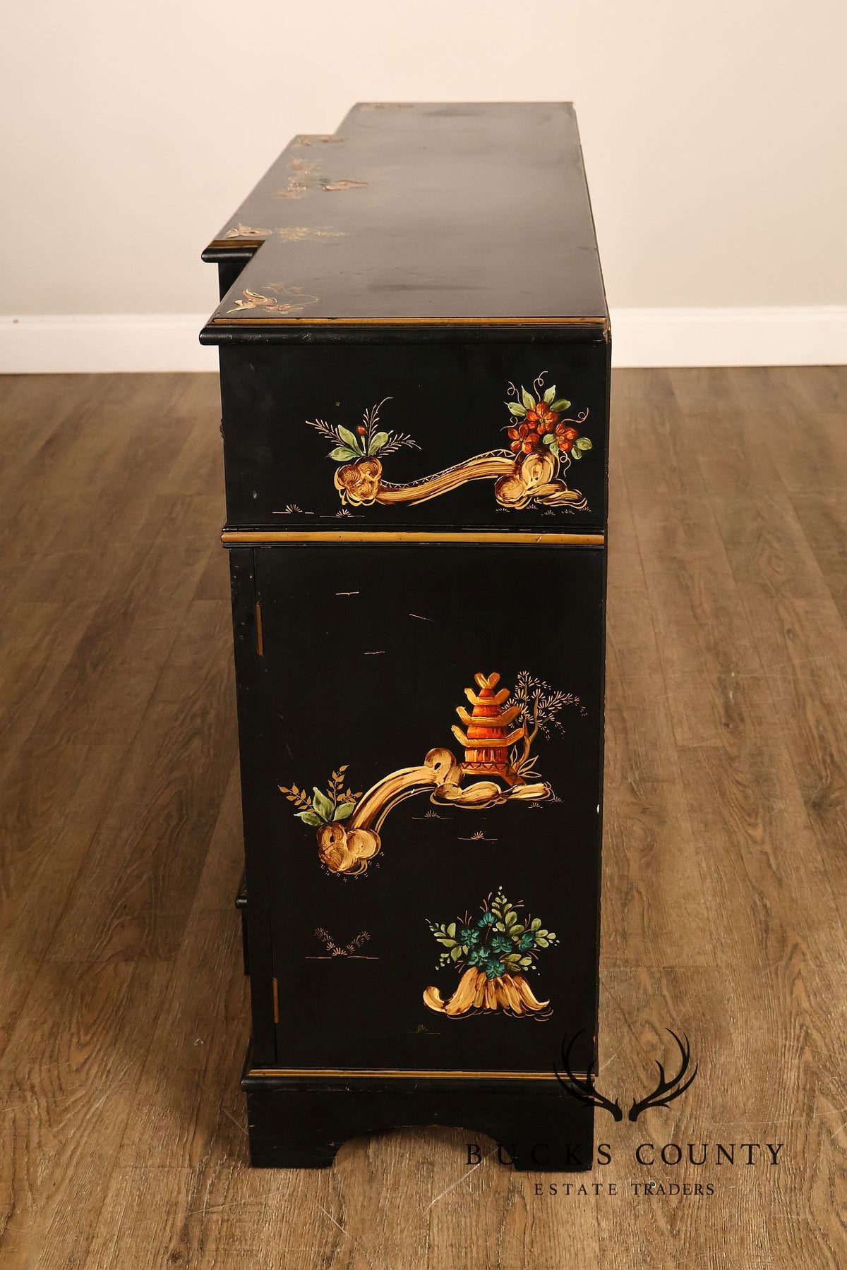 Chinoiserie Style Black Lacquer Hand Painted Sideboard With Hidden Secretary Desk