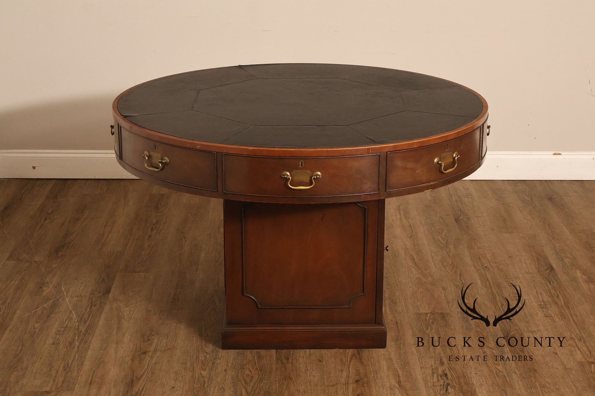 Kittinger Leather Top Round Rent Table With Drawers T295