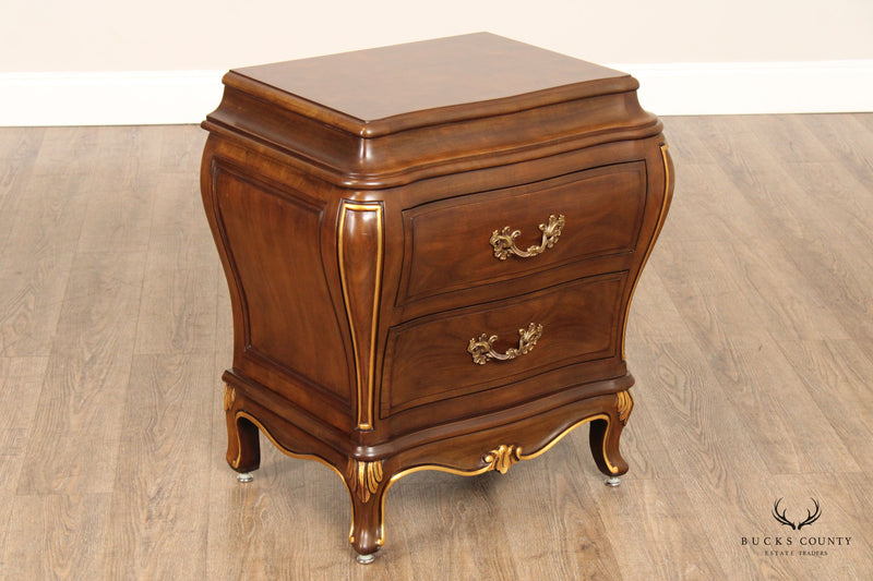 Karges French Louis XV Style Pair of Walnut Bombe Chest Nightstands