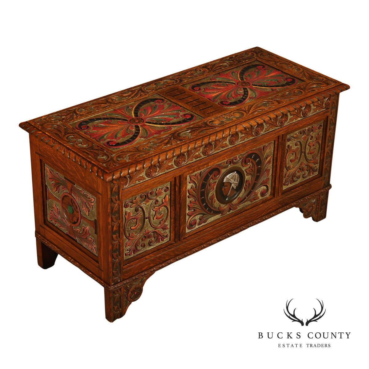 Berkey & Gay Carved And Painted Oak Spanish Revival Storage Chest