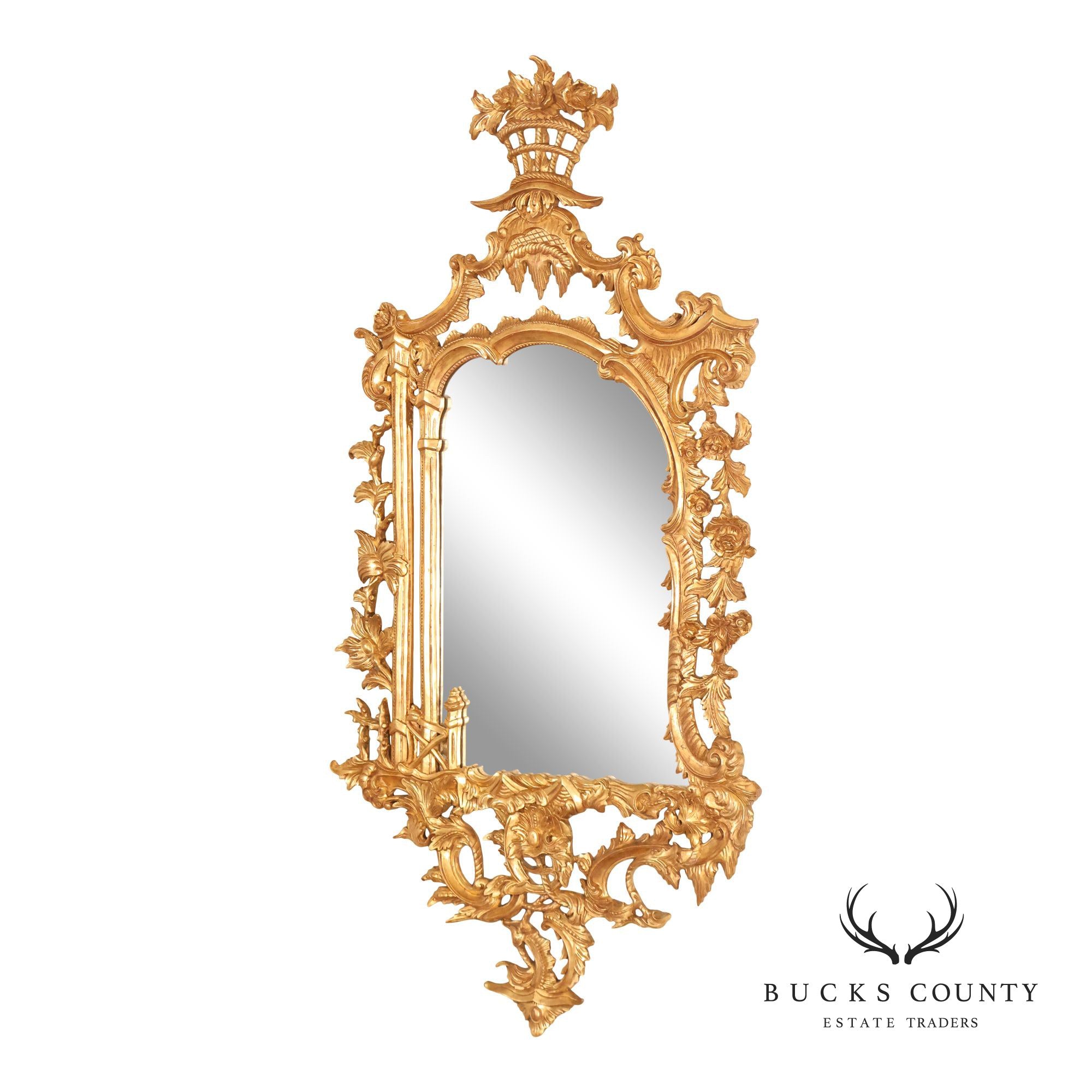 Italian Giltwood Rococo Style Wall Mirror with Floral Carved Frame