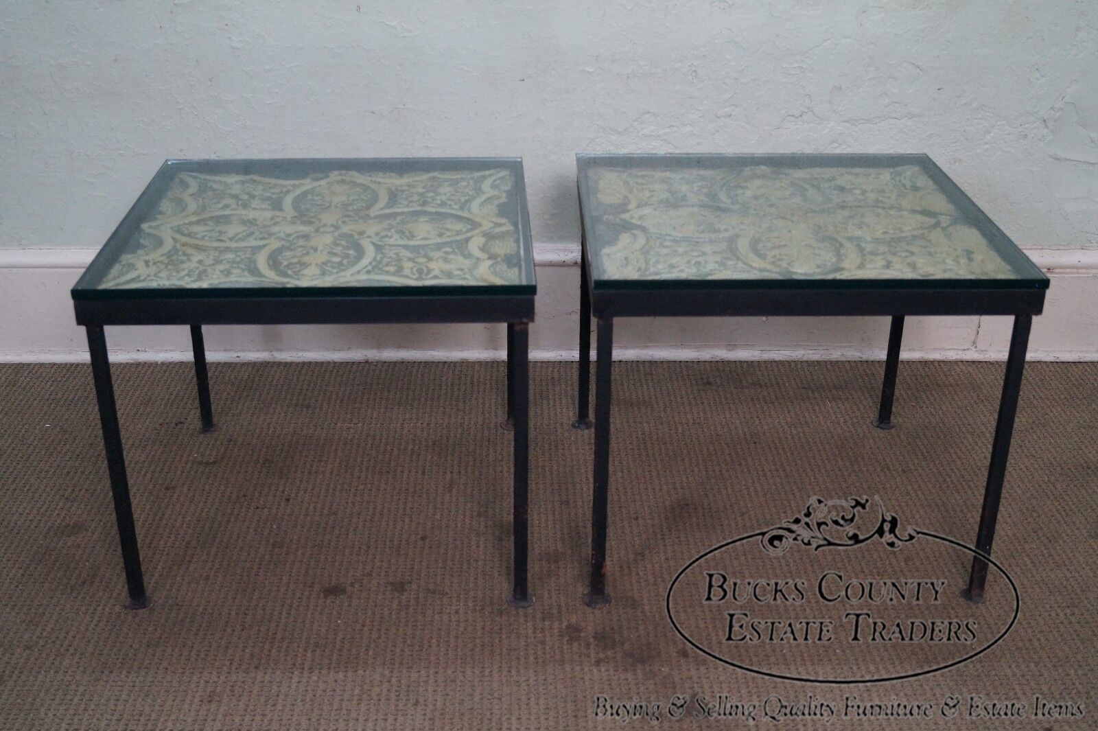 Custom Pair of Square Iron Frame Glass Top Side Tables w/ Tin Panels