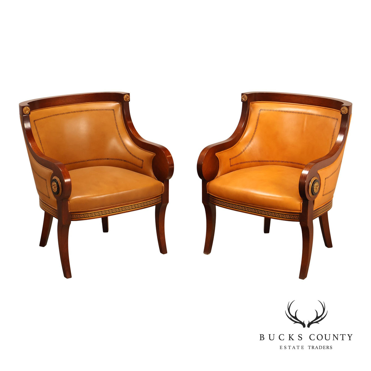 Neoclassical Empire Style Pair Of Mahogany And Leather Armchairs