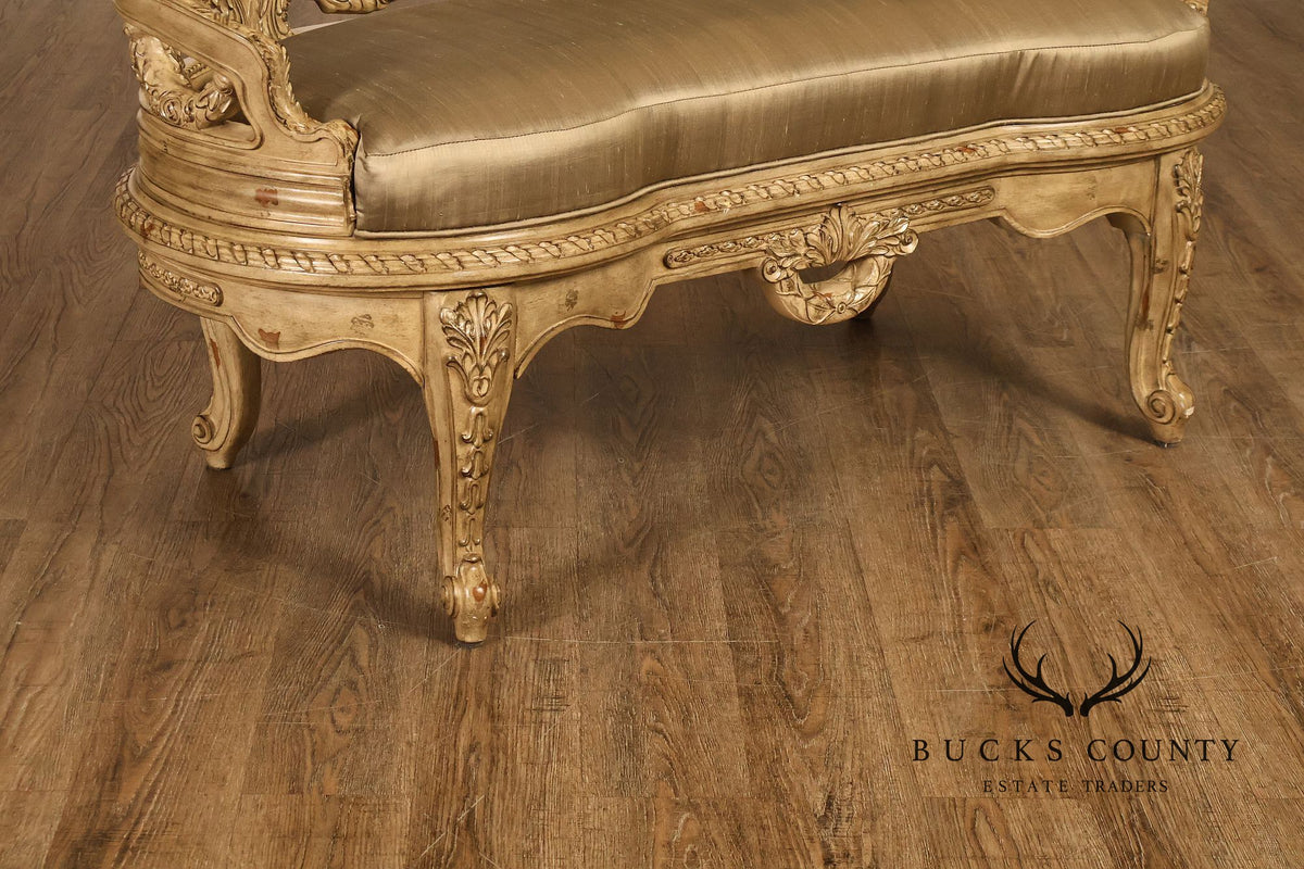 French Louis XV Style Carved Painted Upholstered Bench