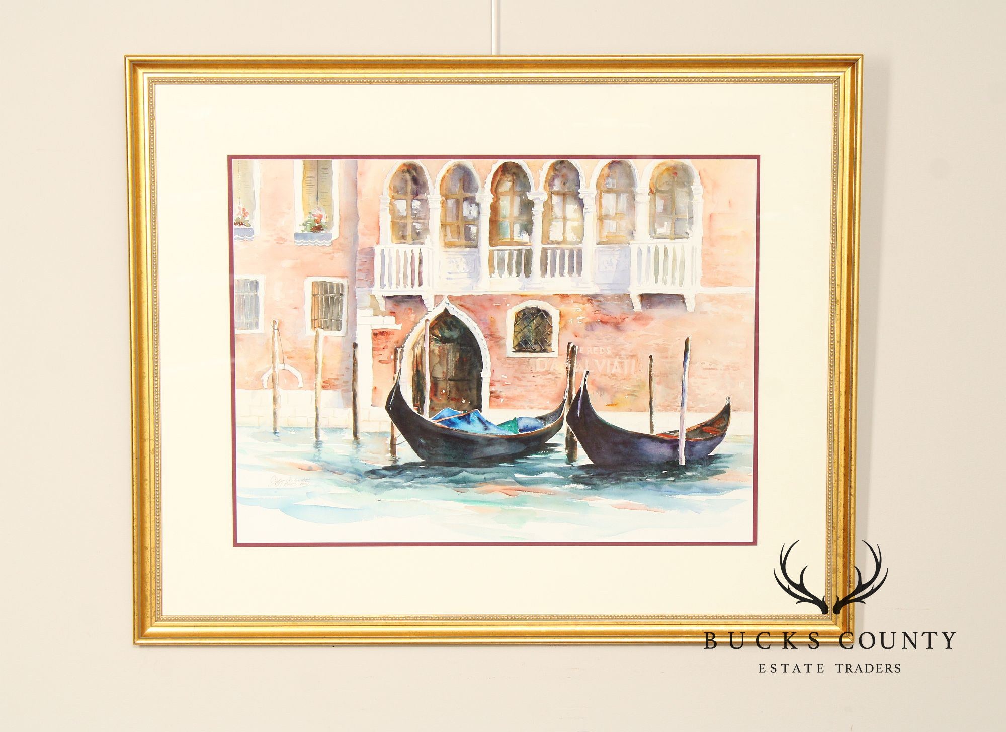 Judy Antonelli Framed Watercolor Painting, 'The Waiting Gondolas'