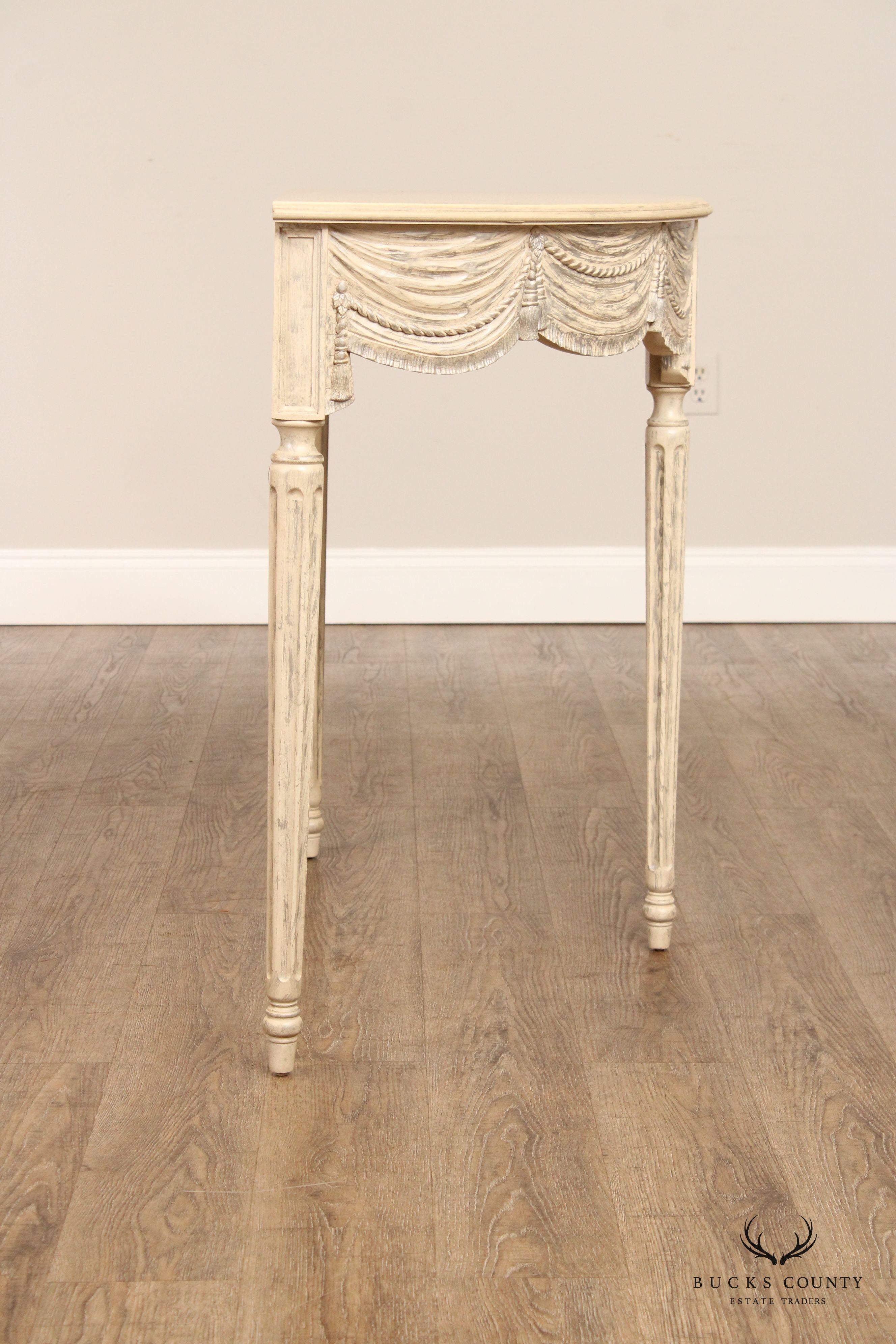 Gustavian Style Pair of Carved and Distress Painted Demilune Console Tables