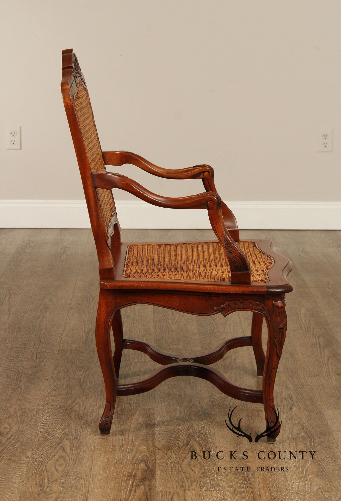 French Louis XV Style Carved Mahogany and Cane Armchair