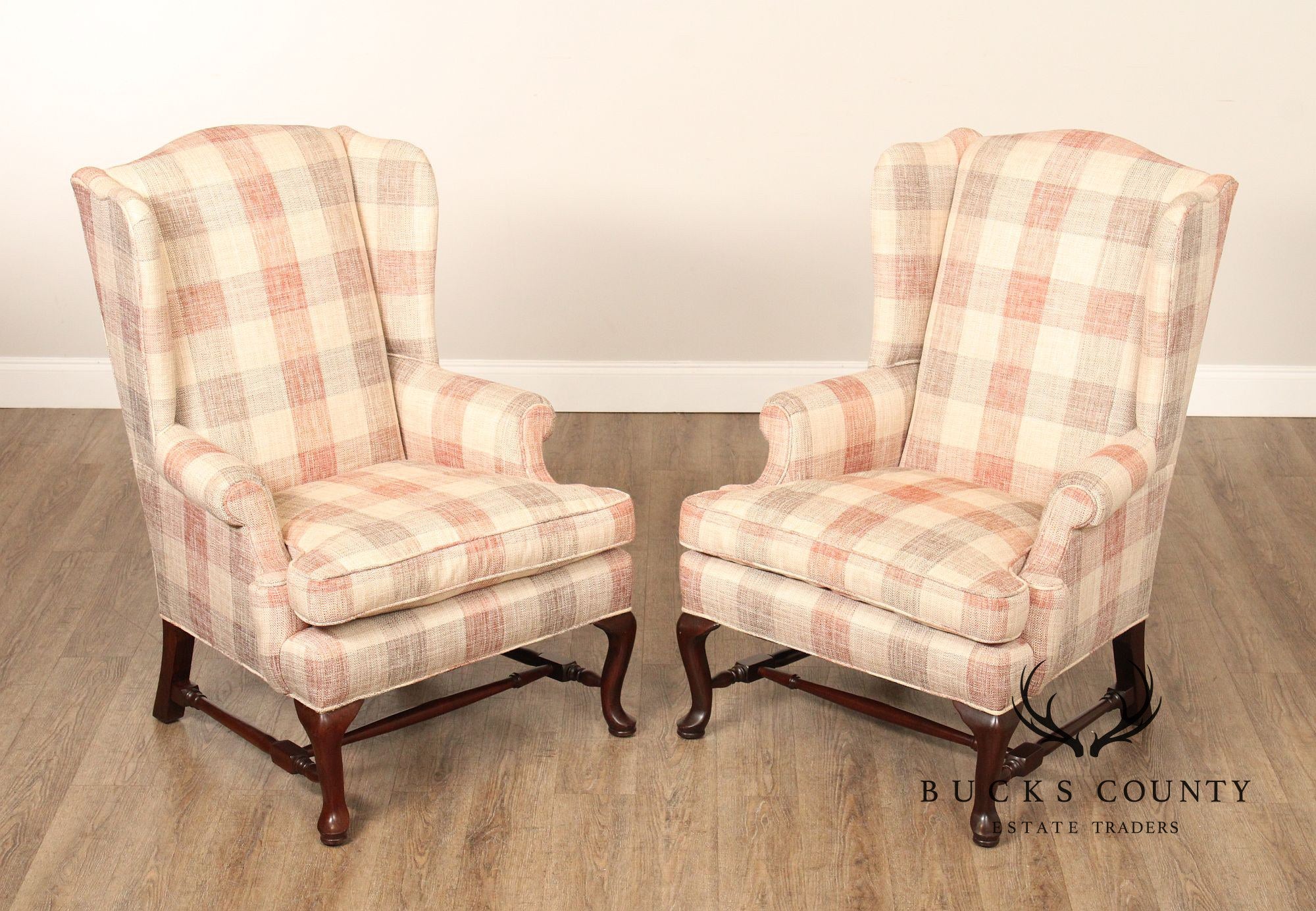 Queen Anne Style Pair of Mahogany Wingback Chairs