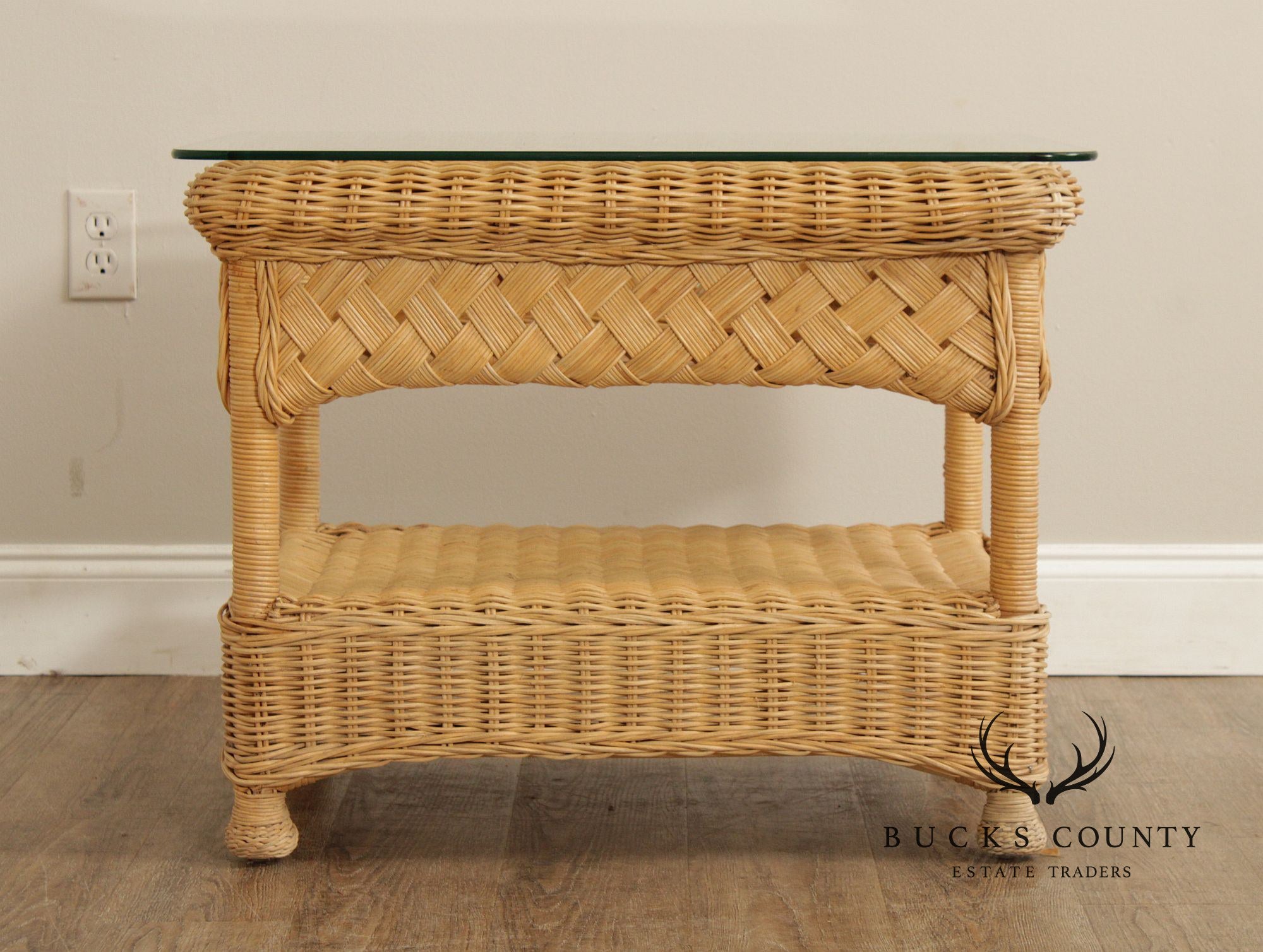 Vintage Pair of Glass Top Wicker End Tables