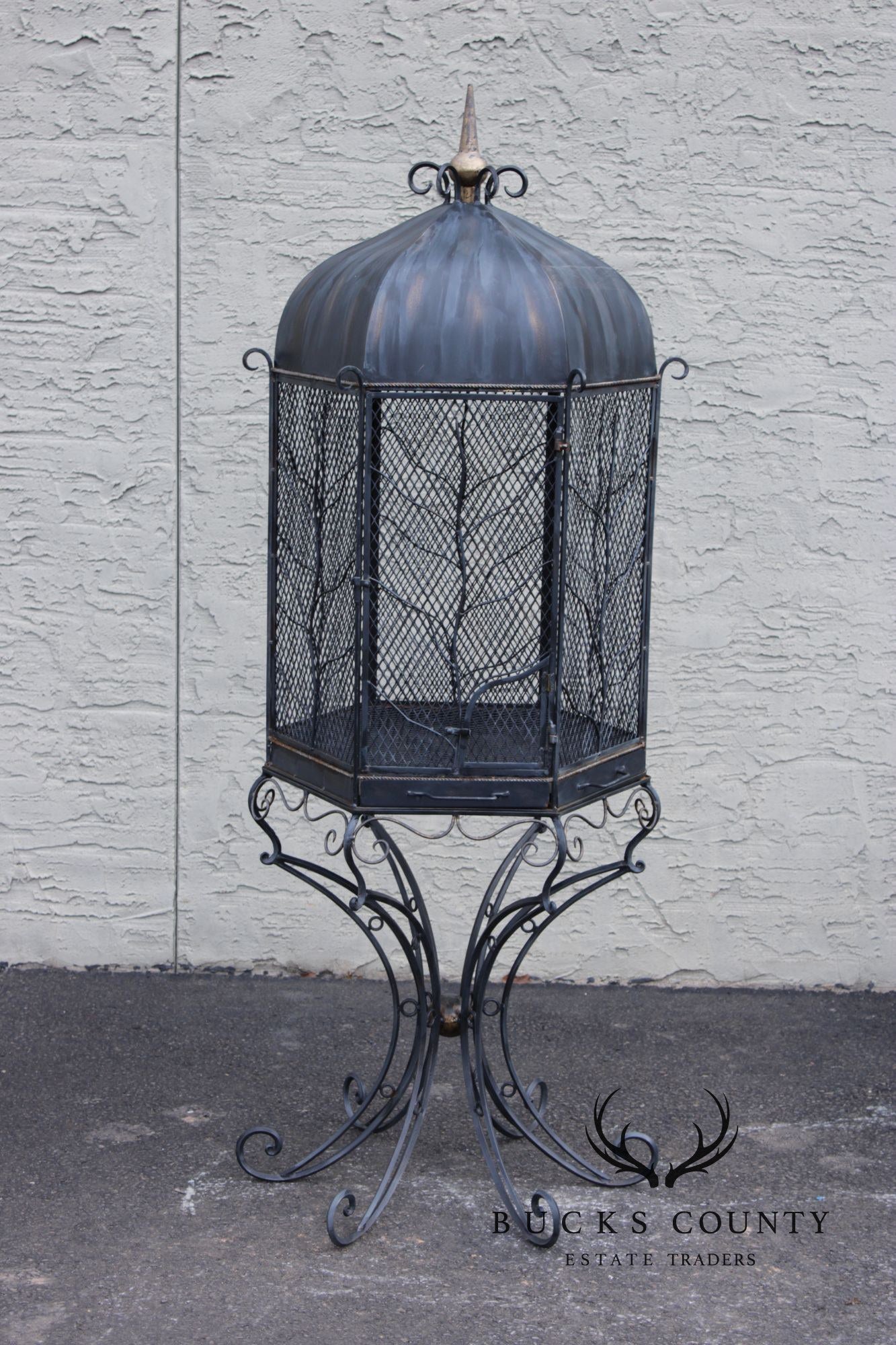 Vintage Wrought Iron Garden Bird Cage On Stand