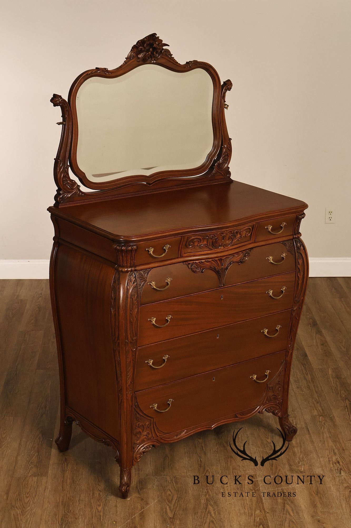 Antique R. J. Horner Carved Mahogany High Chest Of Drawers With Mirror