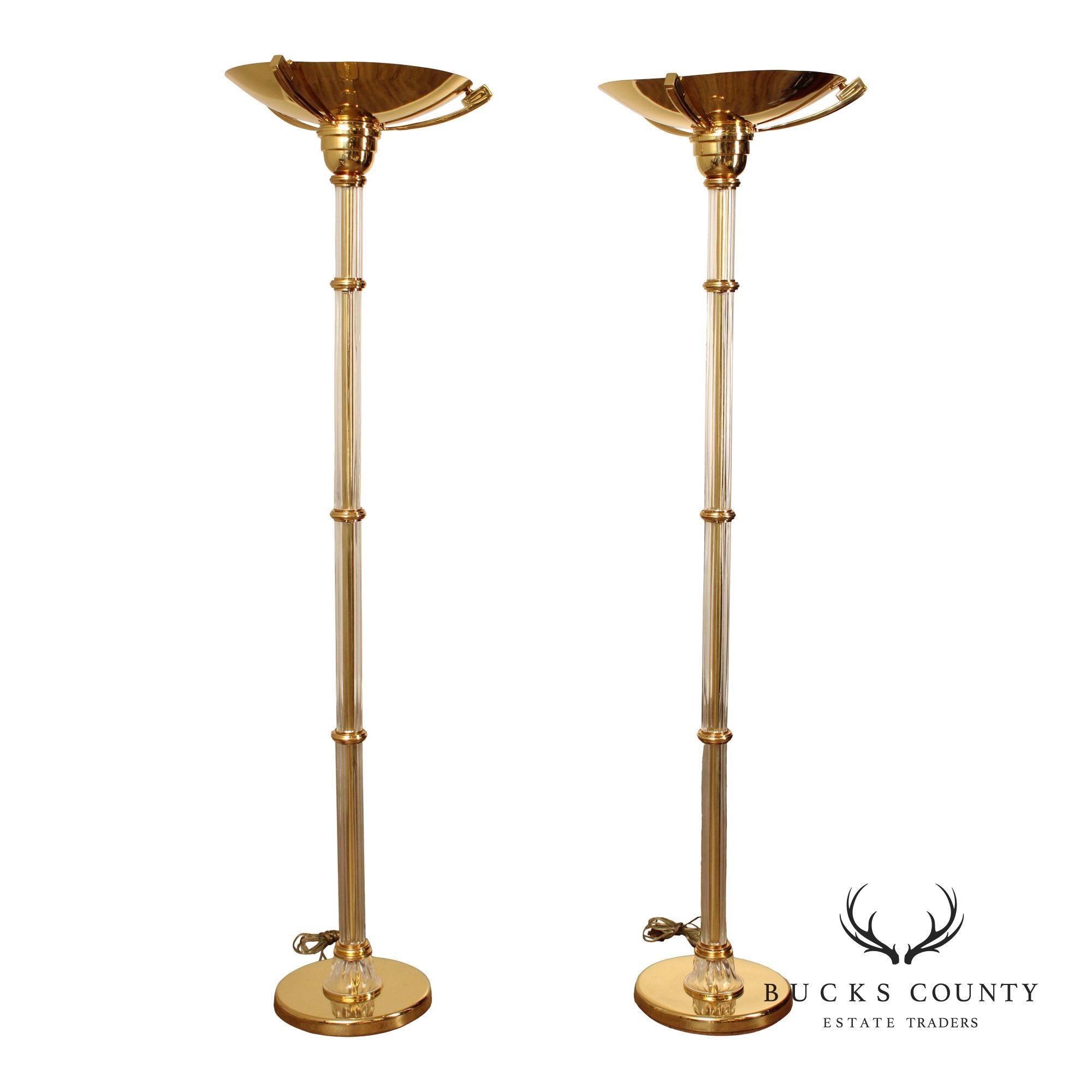 Hollywood Regency Style Pair of Glass and Brass Floor Lamps