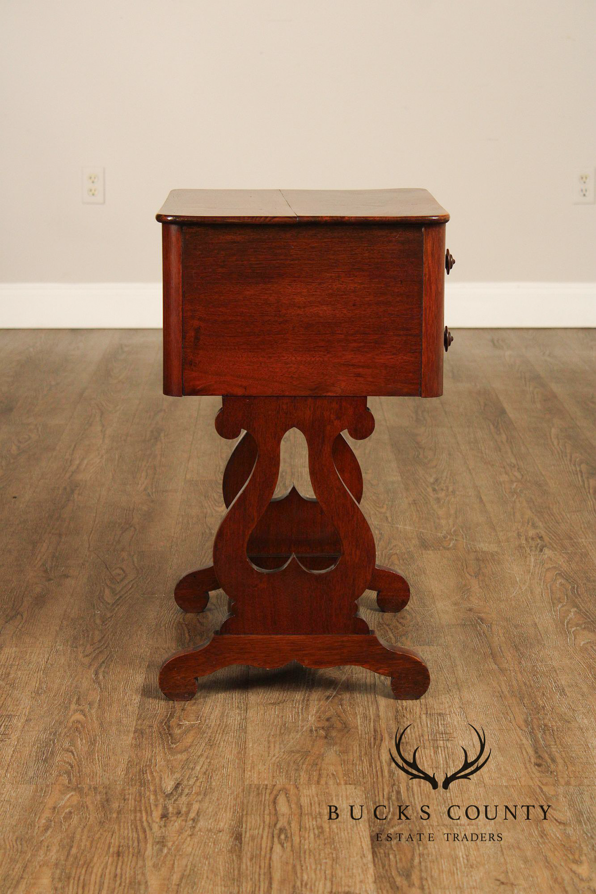 Antique American Empire Mahogany Lyre Form Two-Drawer Work Table