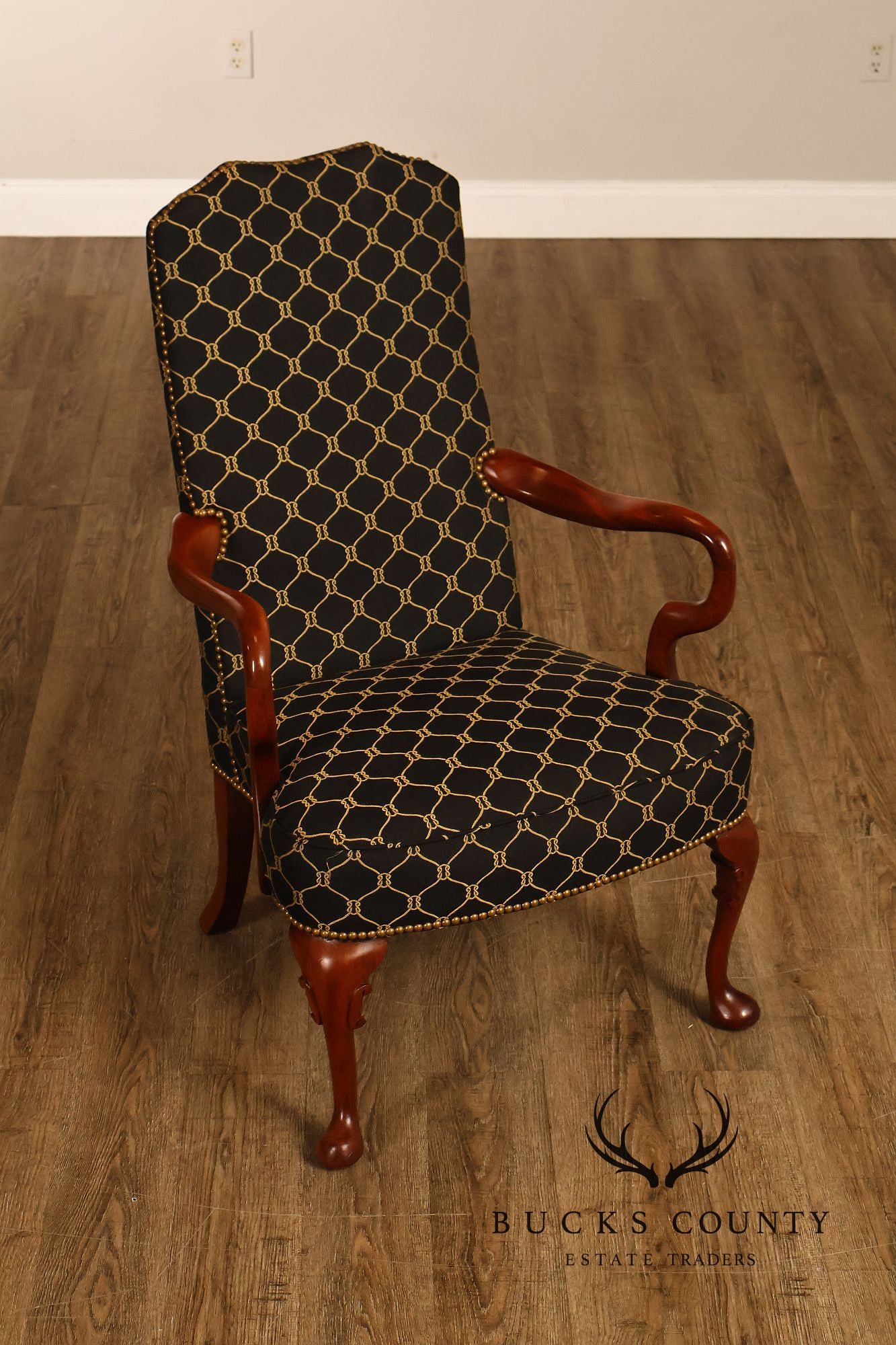 Queen Anne Style Pair Of Tall Back Upholstered Armchairs