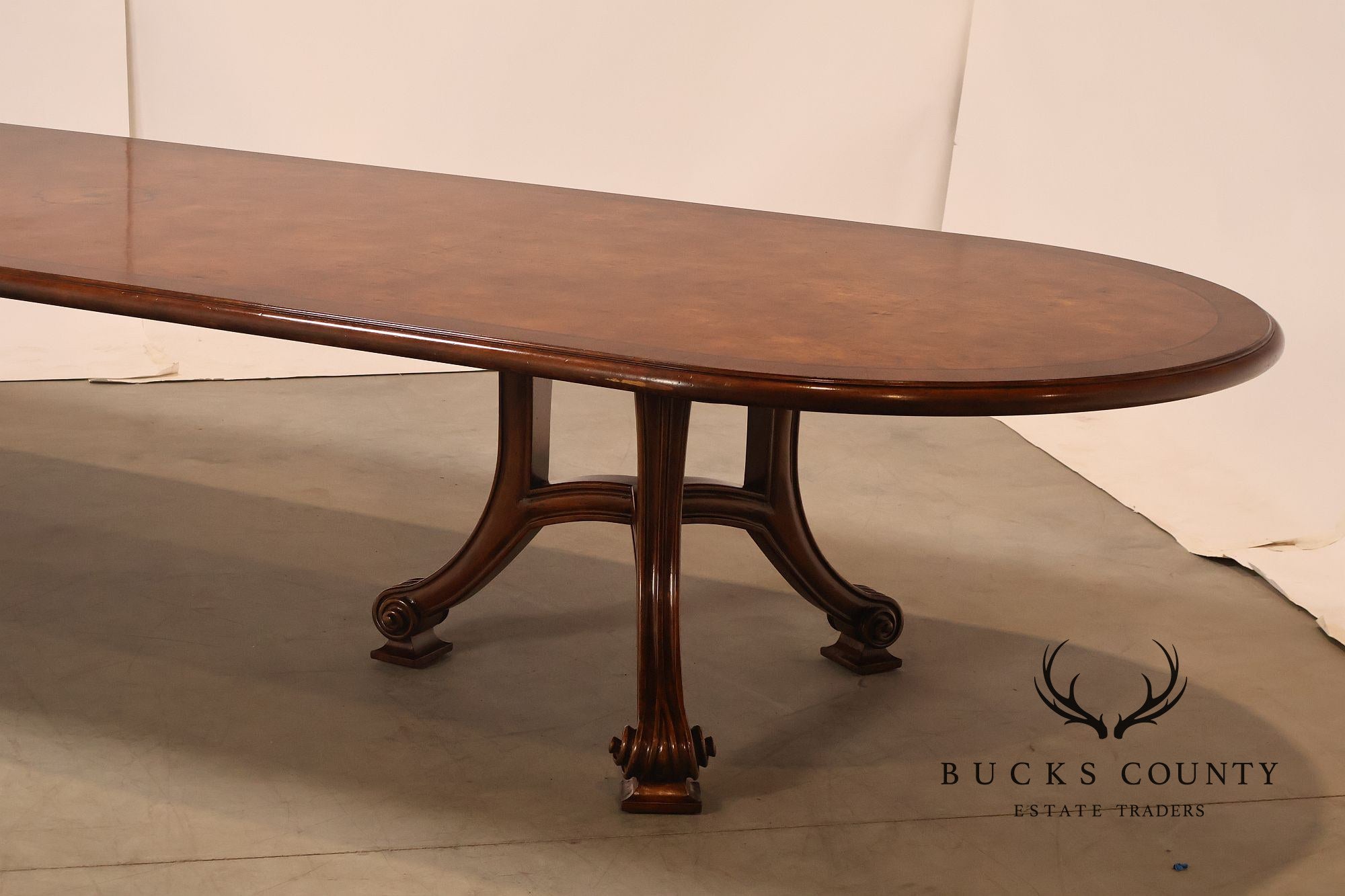 Dessin Fournir Banded Burlwood Large Double Pedestal Banquet Dining Table