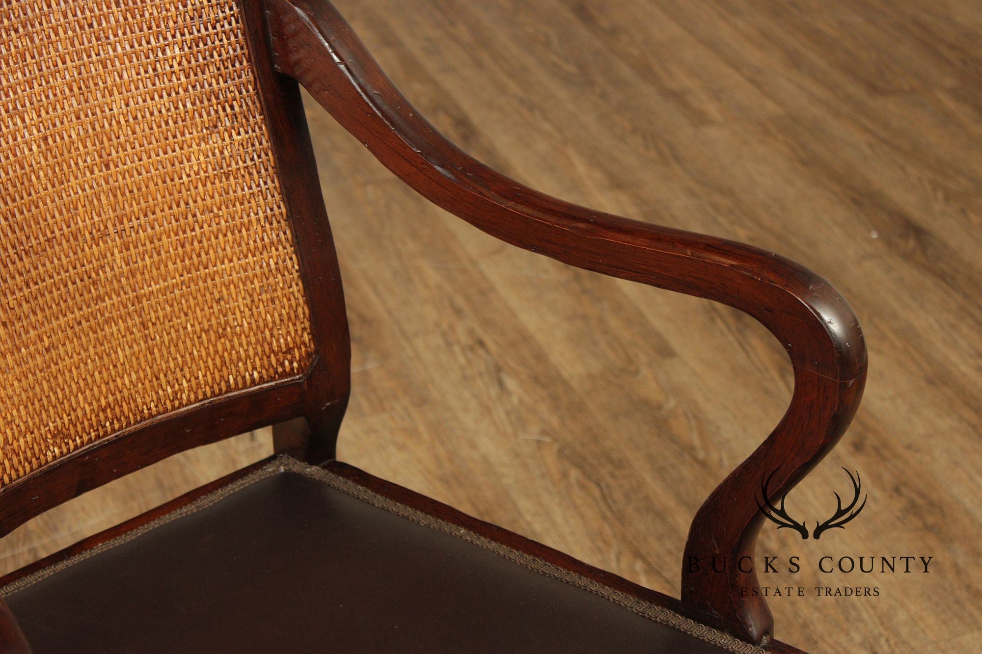 Vintage Anglo-Indian Style Pair of Caned Back Leather Seat Armchairs