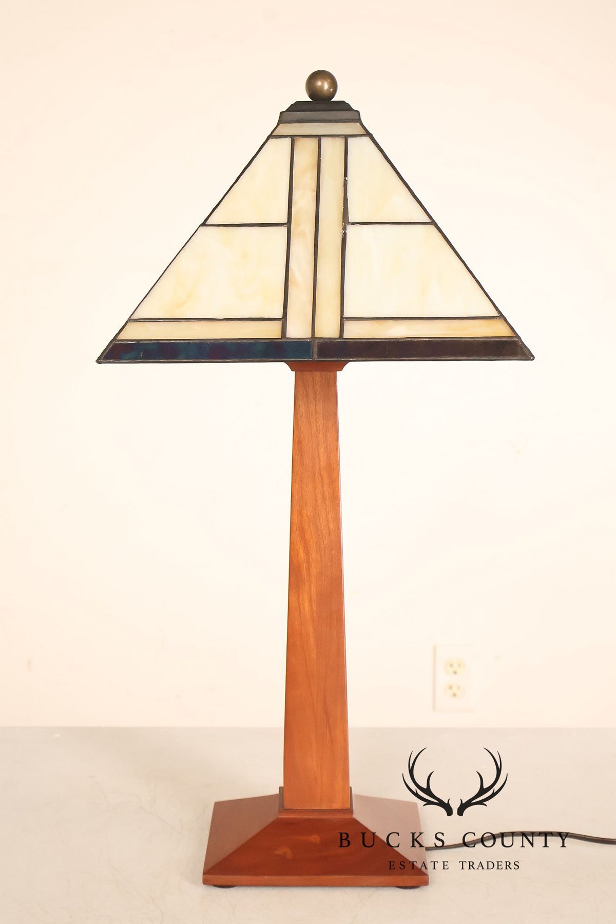 Stickley Stained Glass Shade Cherry Wood Table Lamp