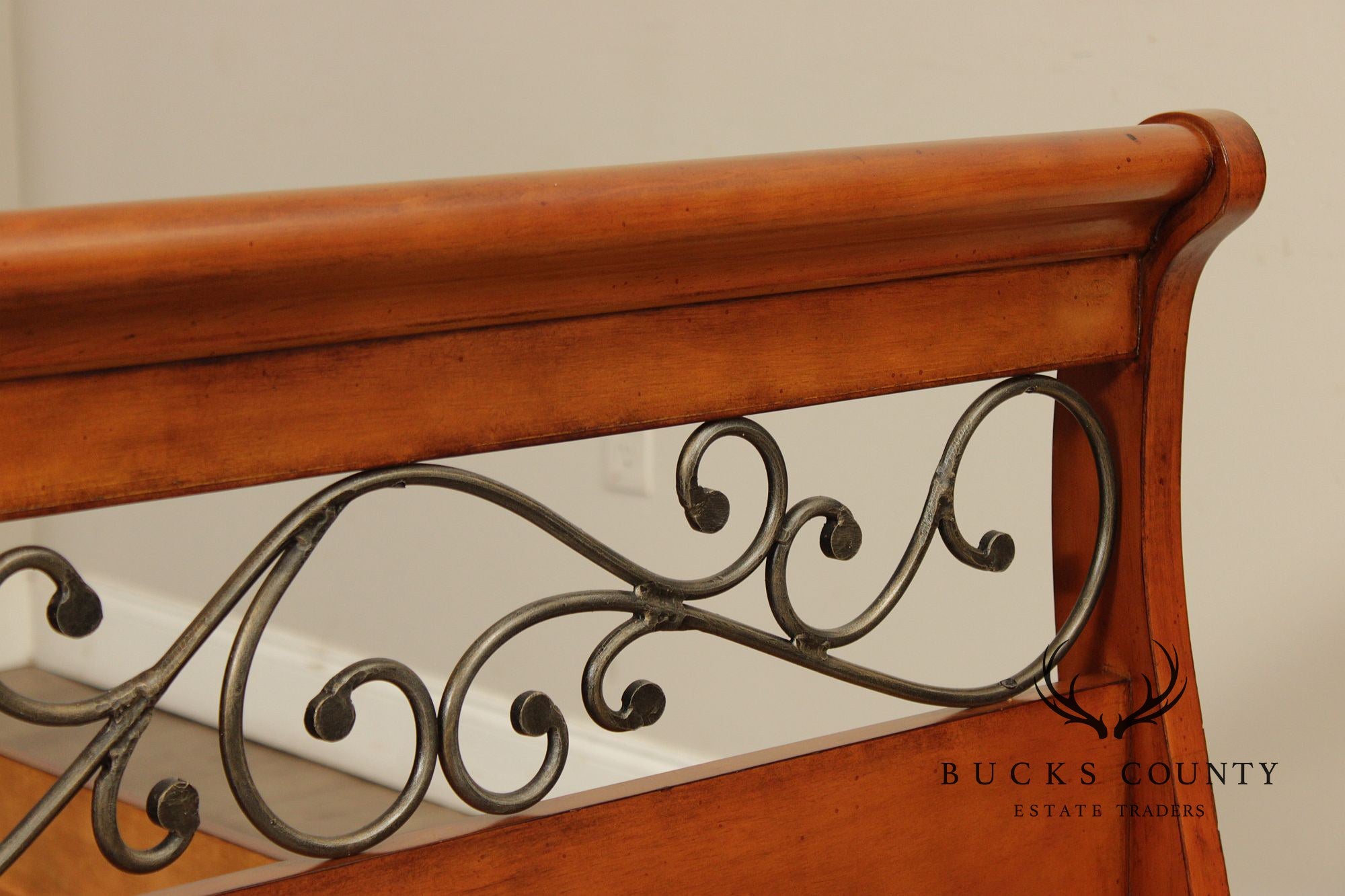 Queen Size Sleigh Bed With Iron Scroll Detail