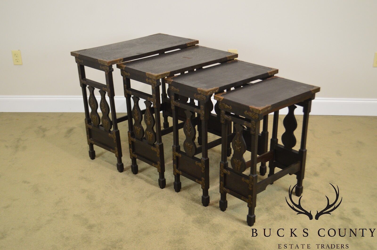 Arts & Crafts Antique Oak Asian Inspired Nesting Tables