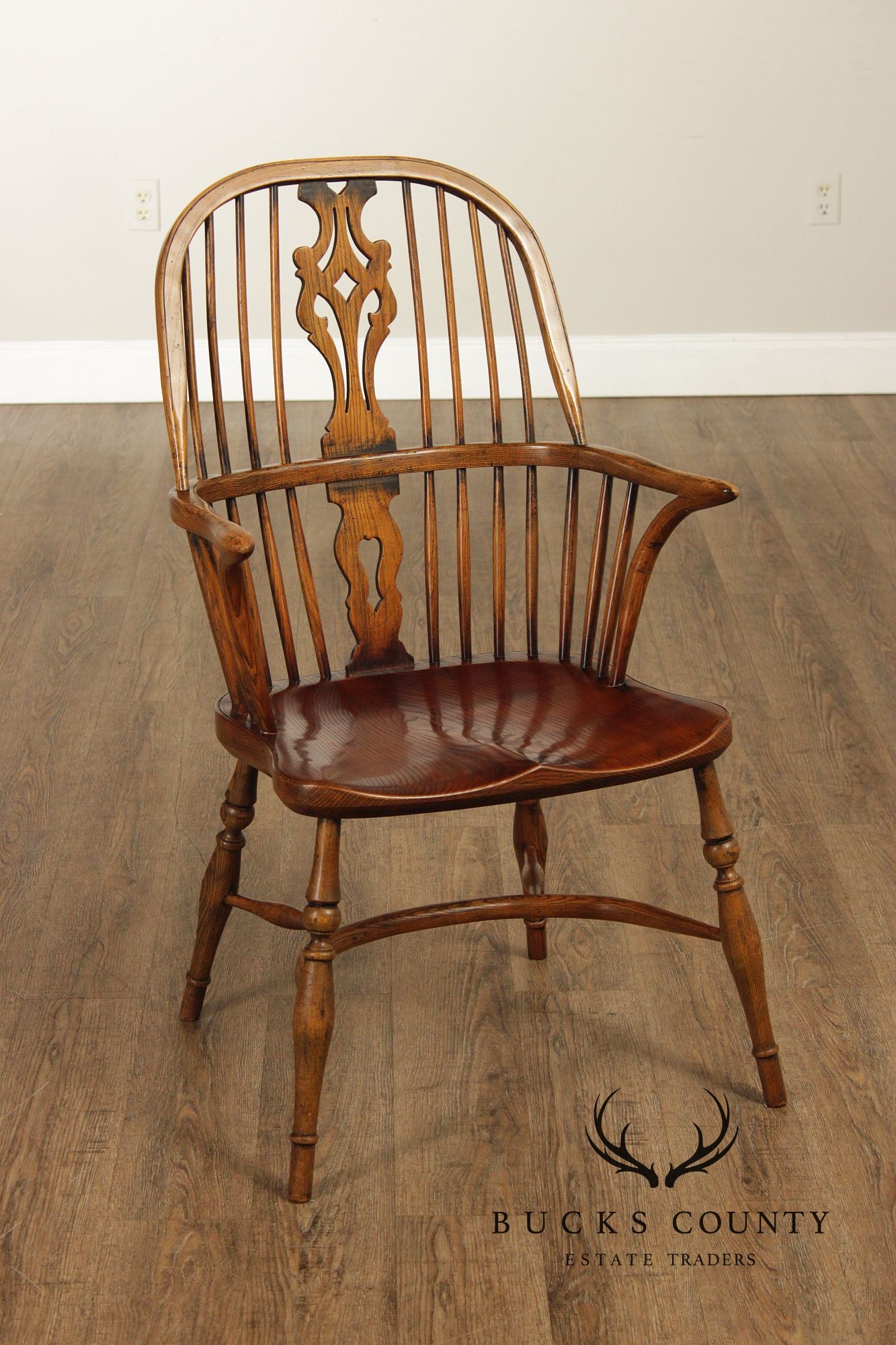 Vintage Set of Four English Oak Windsor Dining Armchairs