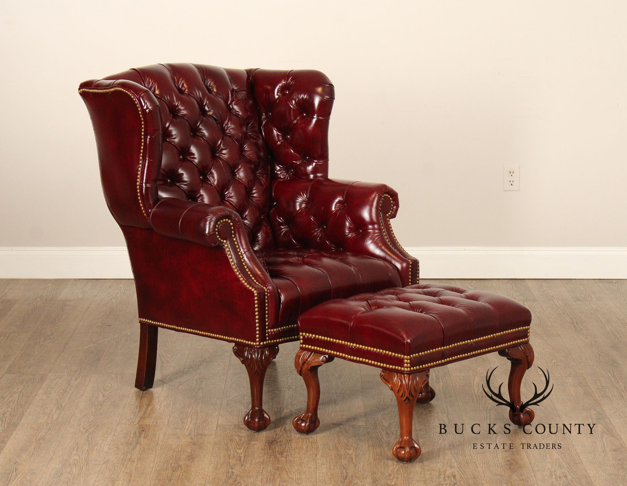 Georgian Style Tufted Oxblood Leather 'Reynolds' Wing Chair and Ottoman