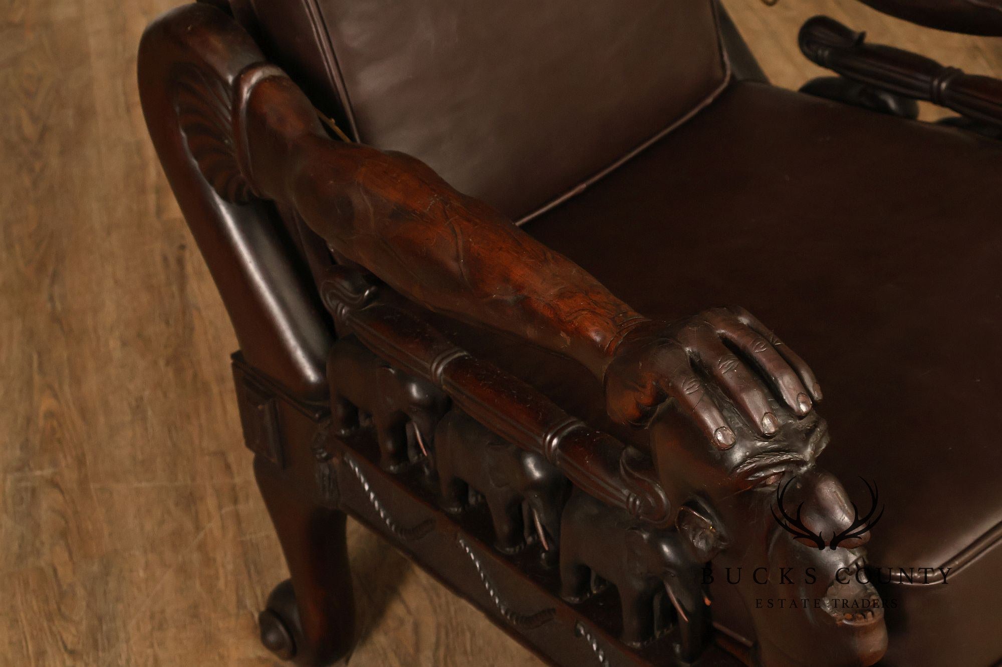 Exceptional 19th Century Anglo-Indian / Burmese Colonial Figural Carved Hardwood Throne Armchair