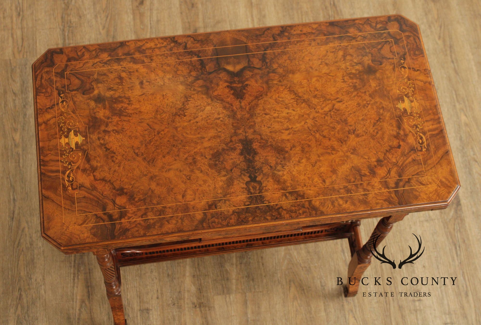 Antique English Burl Walnut Inlaid Games Table