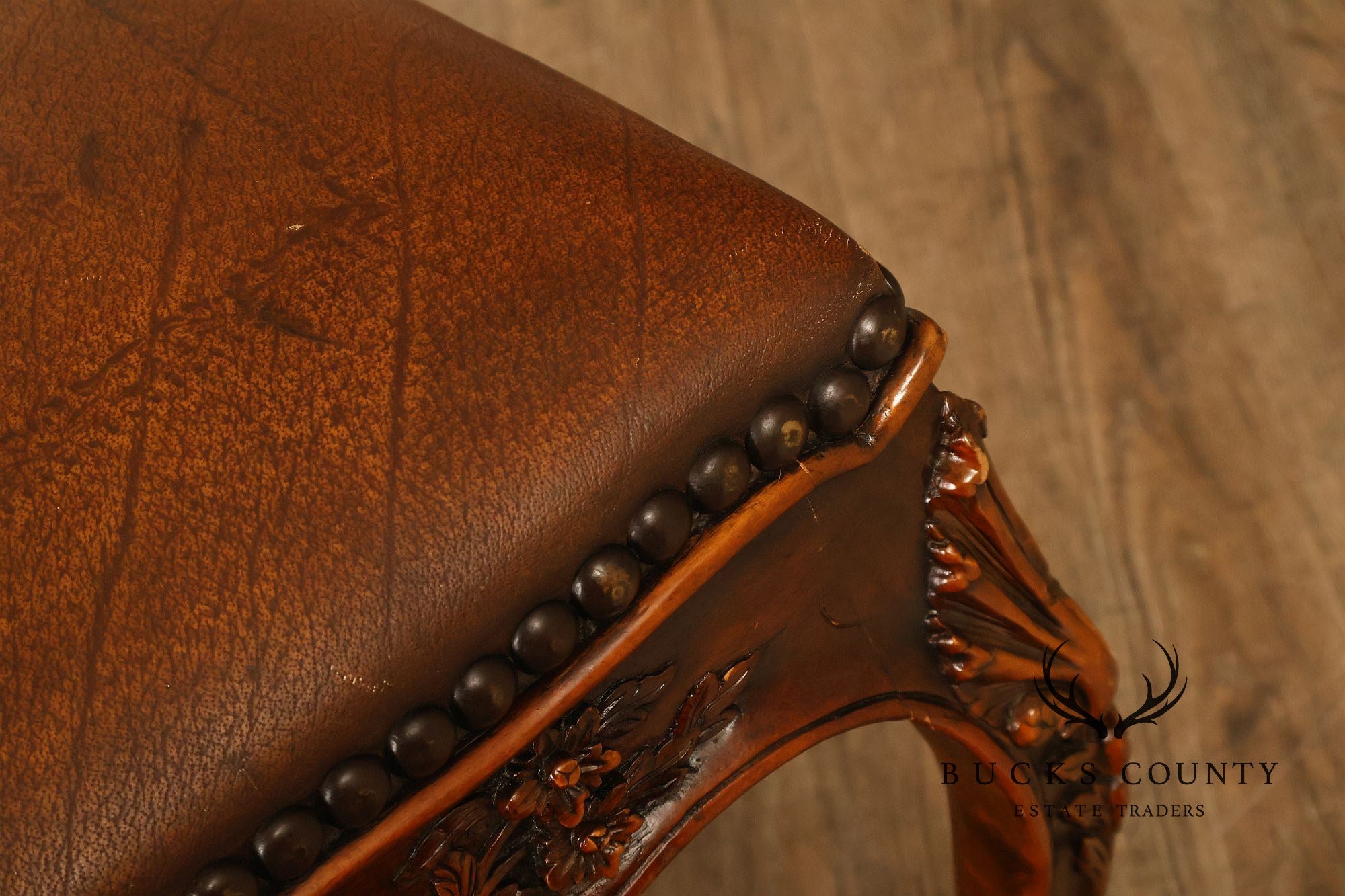 Rococo Style Leather Upholstered Carved Mahogany Window Bench