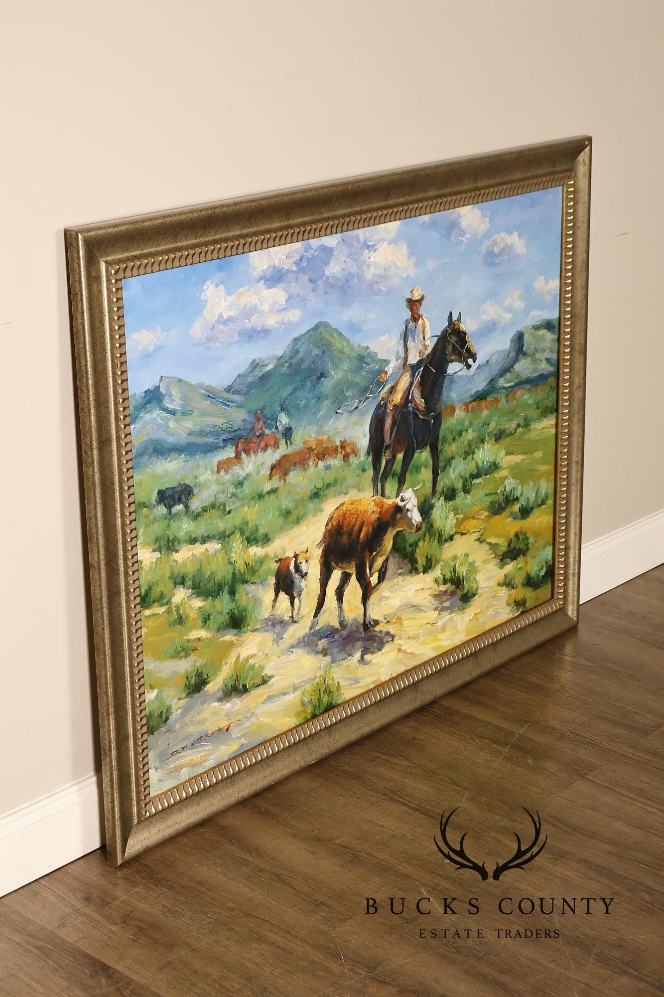 Western Cowboy on Horse Oil Painting on Canvas 55" x 43" Signed 'S. T. Cesent' in Gold Gilt Frame