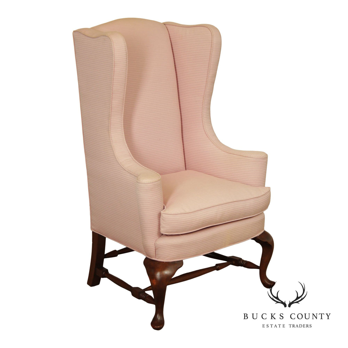 Custom Quality Vintage Pink Upholstered Wingback Chair With Cabriole Legs